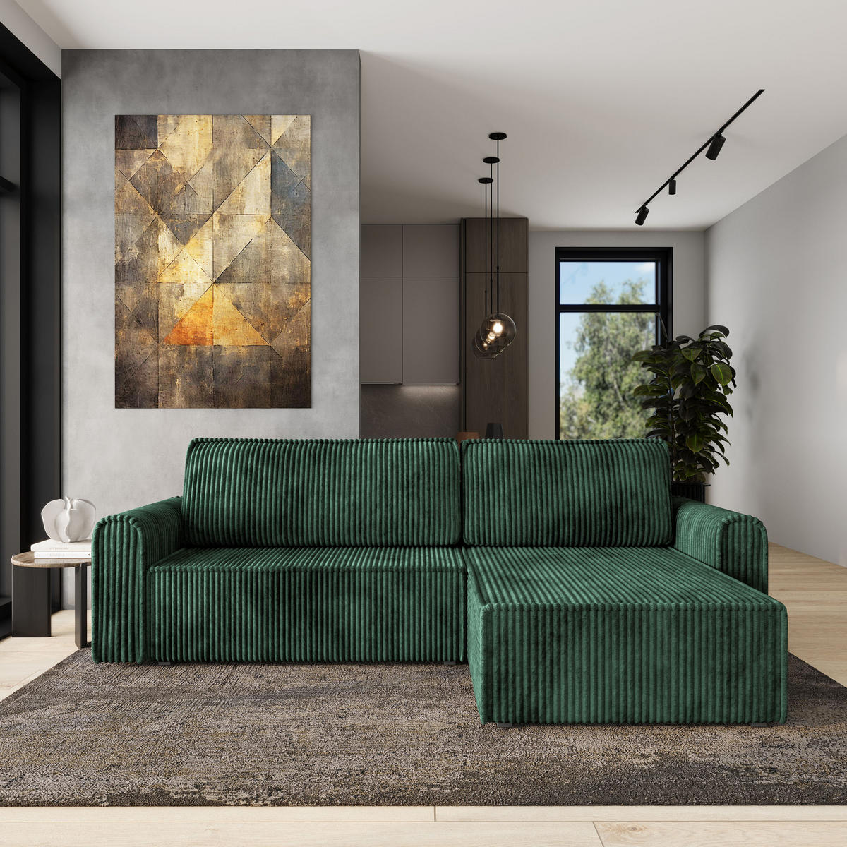 ECKSOFA VALTINO Grün Kordstoff mit Schlaffunktion - Grün, Holz (275/148cm) - MASSENO