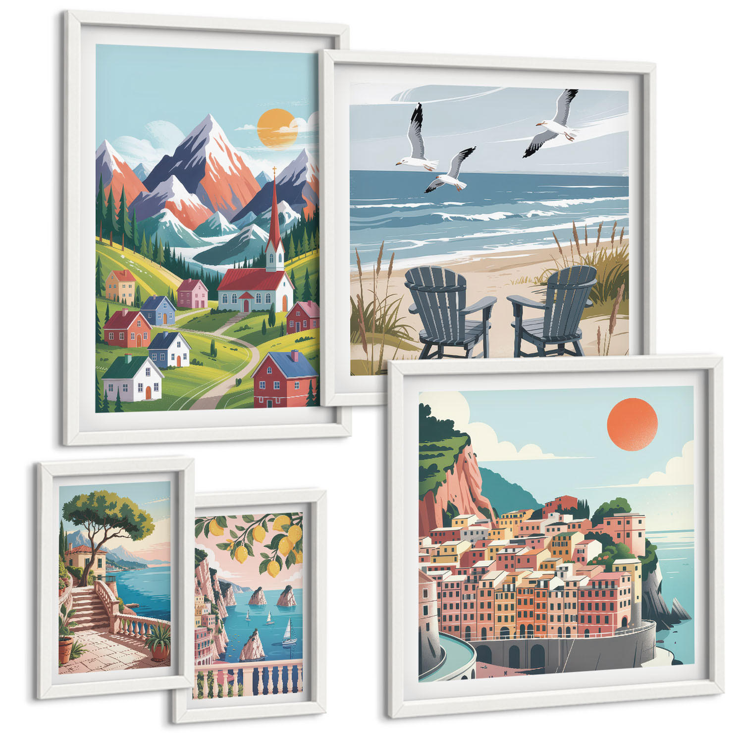 BILDER SET 5er Set - 50x50 cm & 20x30 cm & 40x60 cm Weißer Rahmen - Pastellfarbene Küstenhäuser - Weiß, Kunststoff (40/60cm) - TULUP