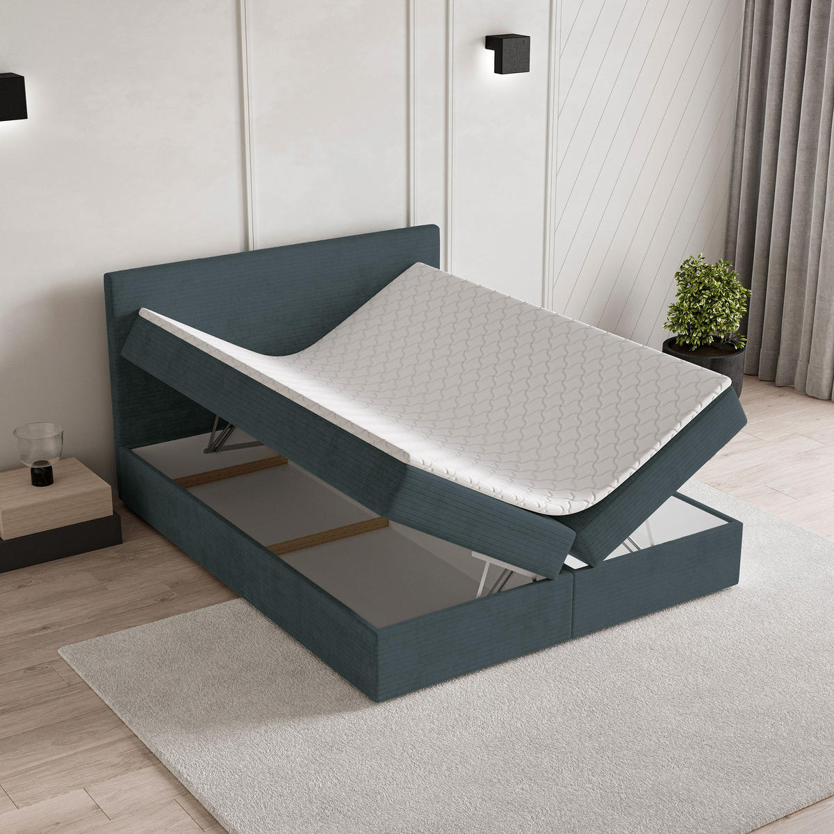 BOXBETT NIRA 180x200 cm mit Matratze und Topper - Blau - Blau, Holz (180/200cm) - MASSENO