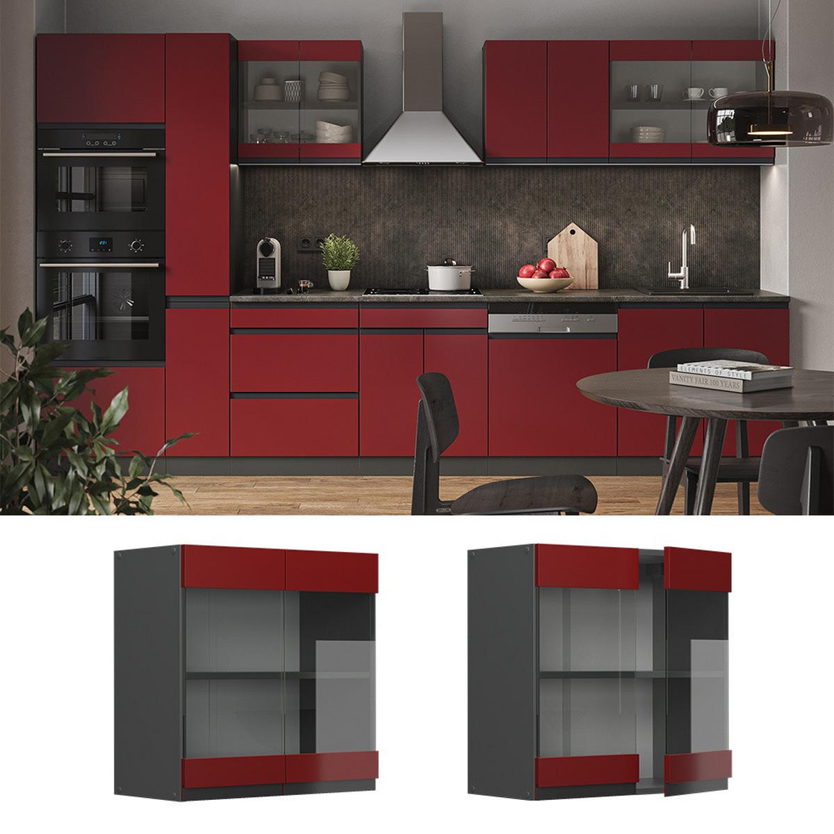 KUCHYNSKÁ SKLENENÁ SKRINKA R-Line Červená 60 cm tvar J - antracitová/červená, kompozitné drevo (60/60/31cm) - Vicco