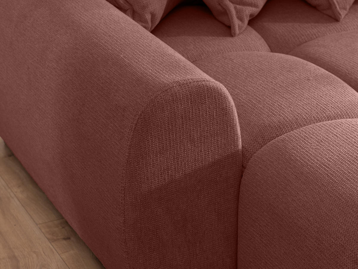 ECKSOFA Bubble mit losen Rückenkissen und Sitzfläche in Bubble-Optik aus weichem Terrakotta Strukturstoff mit schöner Sitzkomfort - Ottomane links - Terracotta/Schwarz, Holz/Kunststoff (180/306cm) - S-Style Möbel