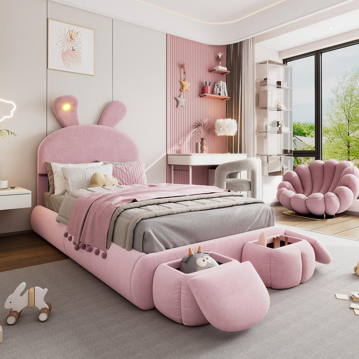 POLSTERBETT 90/200 cm Rosa Hasenohren mit LED-Beleuchtung und Aufbewahrungshockern - Rosa, Textil (90/200cm) - OKWISH