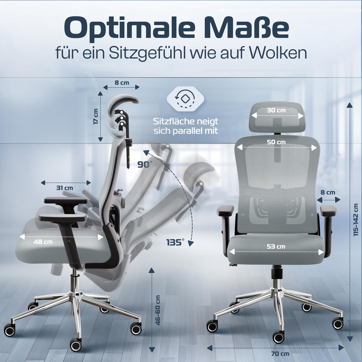 BÜROSTUHL BrightSeat Anthrazit - Anthrazit/Silberfarben, Kunststoff/Textil (70/142/70cm) - Clouvou