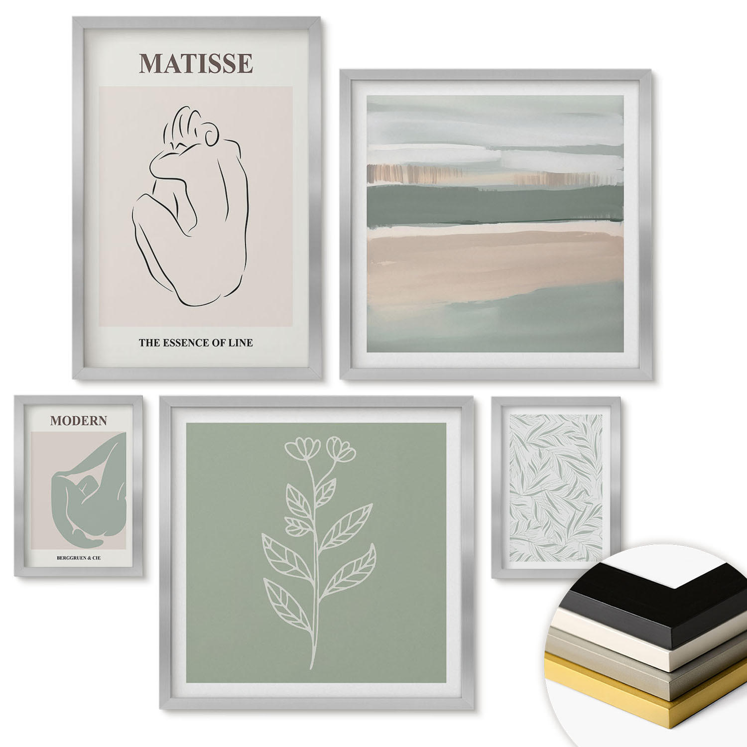 WANDBILDER 5er Set - 50x50 cm & 20x30 cm & 40x60 cm Silberner Rahmen - Abstrakte Pflanzenformen - Silberfarben, Kunststoff (40/60cm) - ArtPrintCave