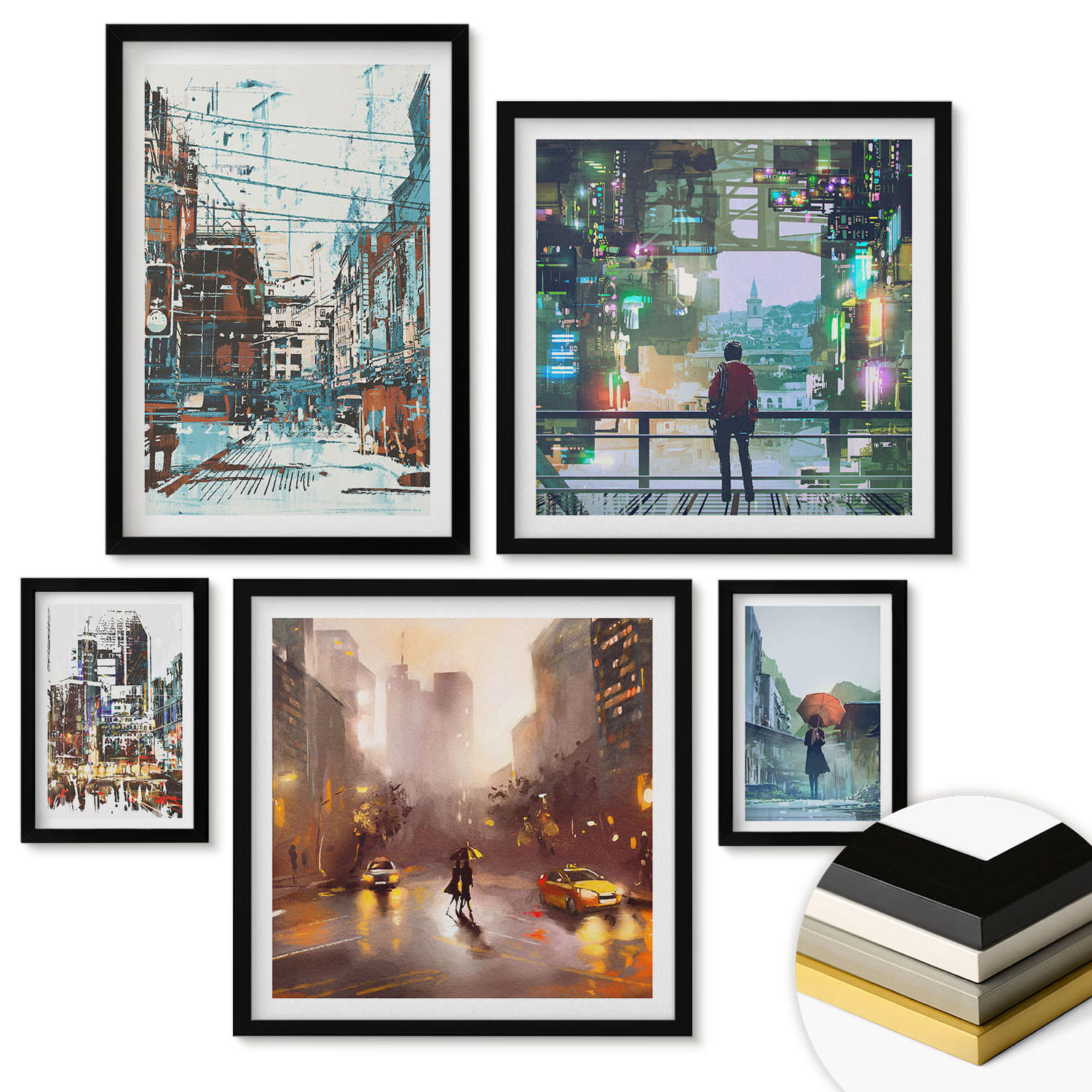 WANDBILDER 5er-Set - 50x50 cm & 20x30 cm & 40x60 cm Schwarzer Rahmen - Moderne, farbenfrohe Städte mit Charakteren - Schwarz, Kunststoff (40/60cm) - ArtPrintCave
