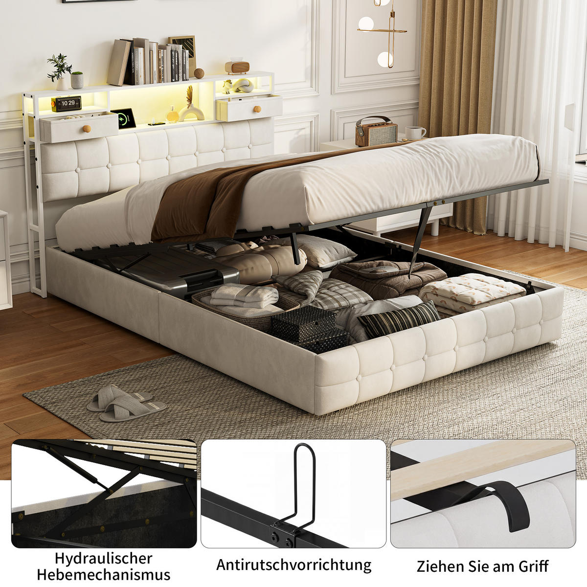 POLSTERBETT 140x200 cm Beige mit LED, USB und Type-C, Stauraumkopfteil & Bettkasten - Beige, Holz (140/200cm)
