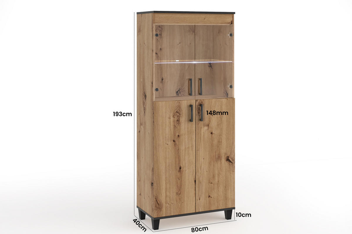 VITRINE Vanessa V 80cm mit Glastür und Holzbeine, artisan, schwarz - Schwarz/Eiche Artisan, Holz (80/193/40cm) - Margaret Hadas24