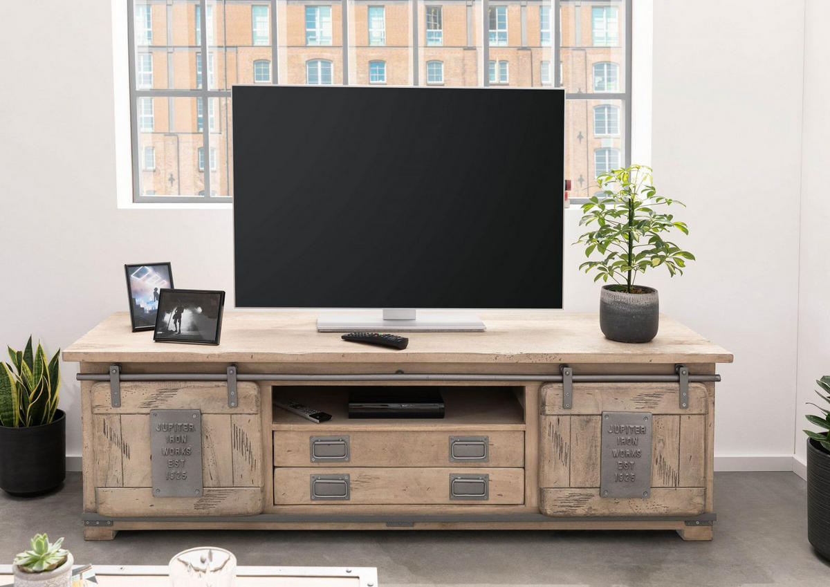 TV-BOARD Mango 180x55x50 whitewash lackiert RAILWAY #346 - Beige, Holz (180/50/55cm) - Massivmoebel24