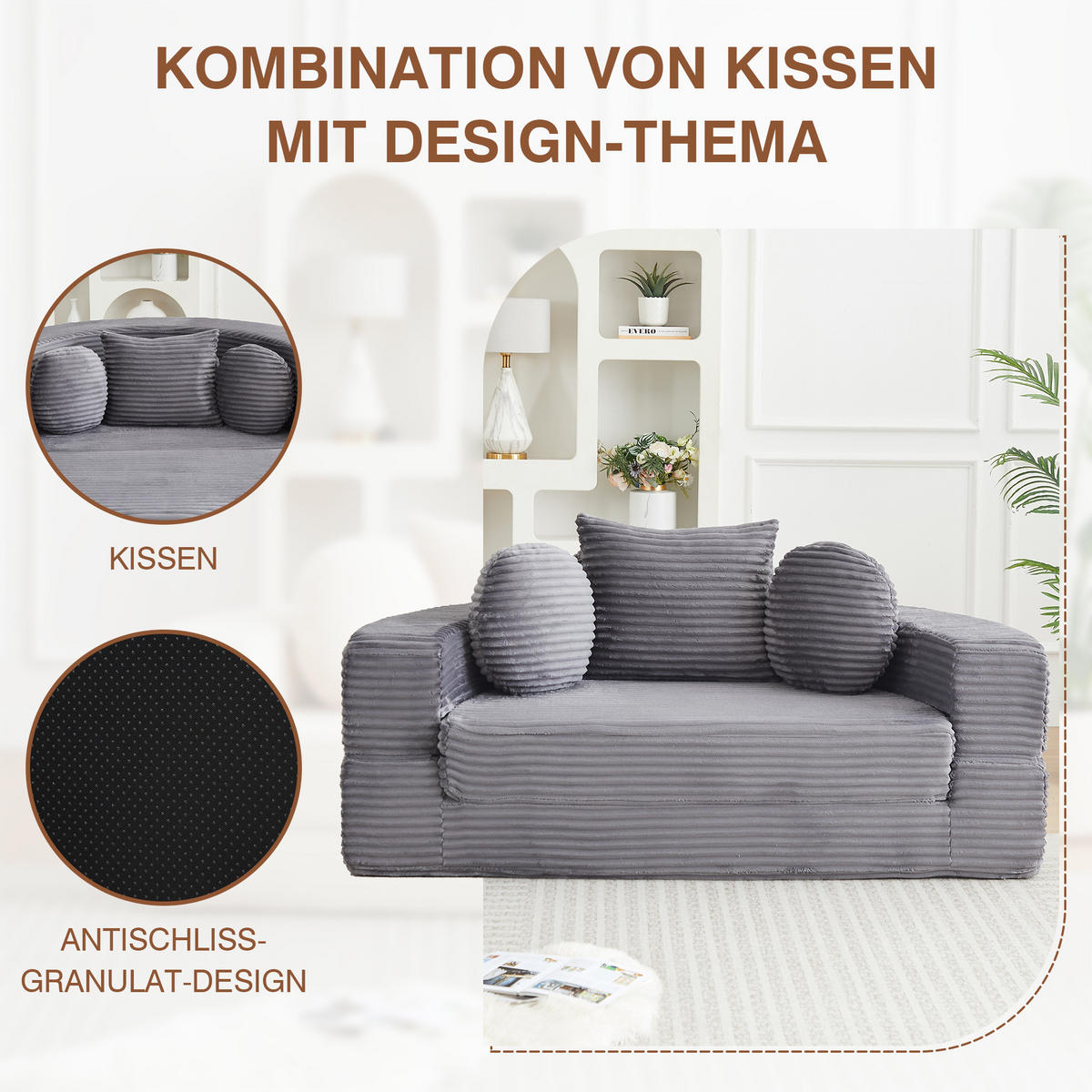 SCHLAFSOFA 4-in-1 halbrund/rund mit 3 Kissen, DE-42726, Grau - Grau, Textil (180/84/92cm) - ComfortXL