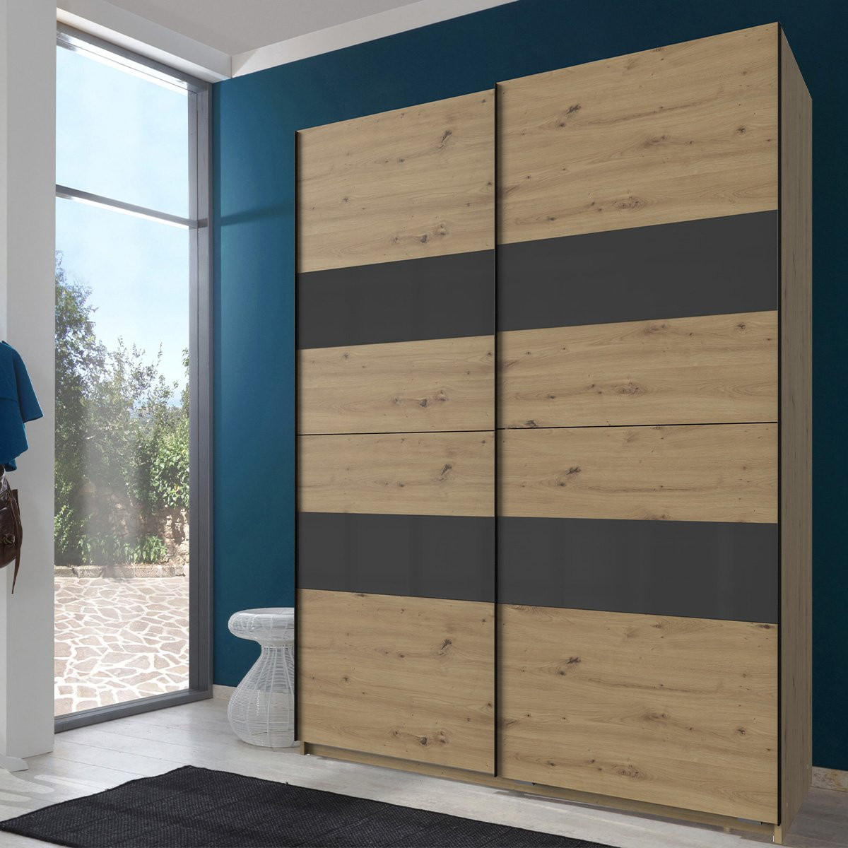 SCHRANK mit 2 Schiebetüren und Einsatz - L135 cm - Eiche Artisan, Holzwerkstoff (65/200/135cm) - Calicosy