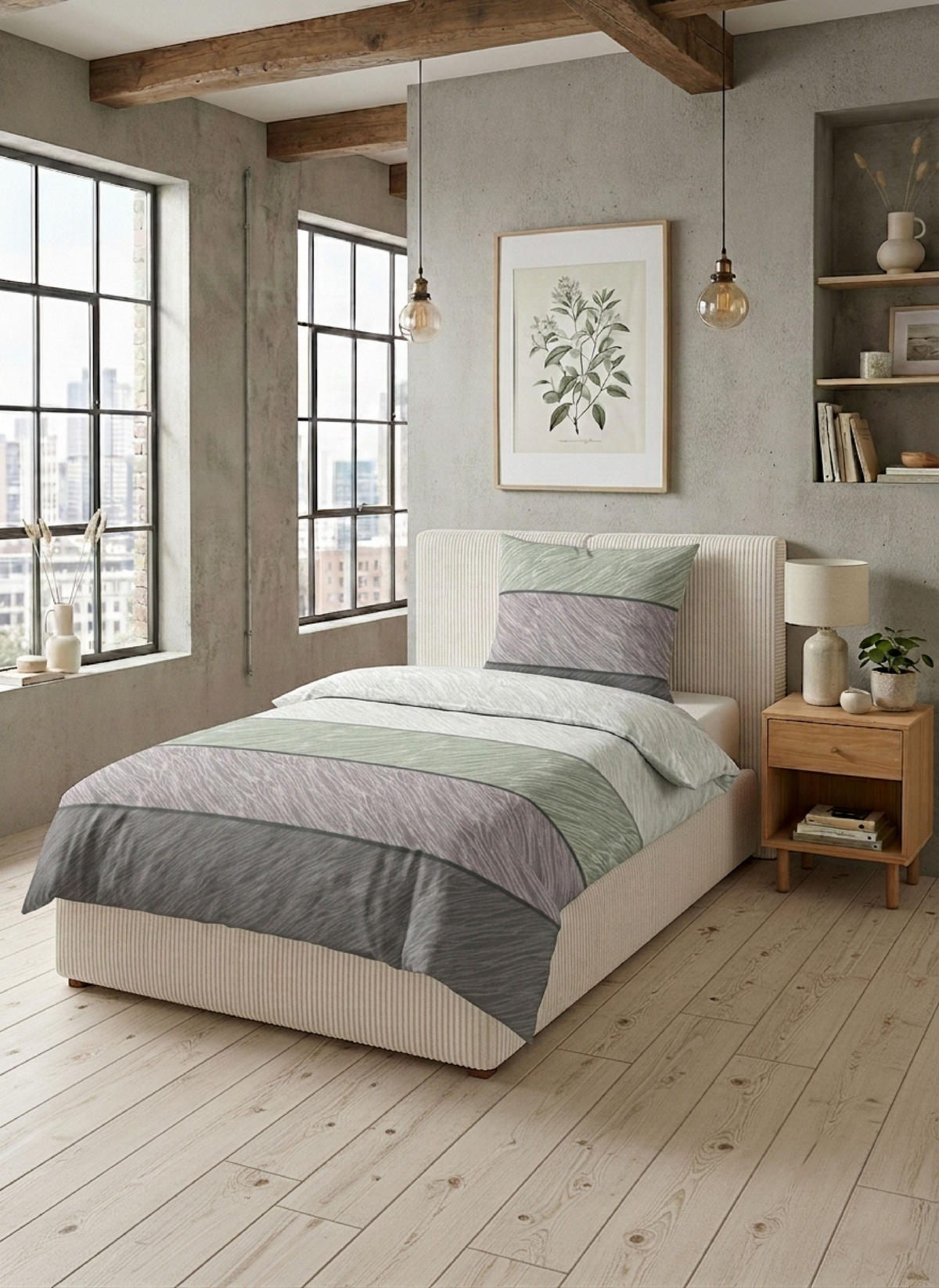 BETTWÄSCHE-GARNITUR Premium Biber Streifen salbei, 155x220 cm + 80x80 cm - Salbeigrün, Textil (155/220cm) - biberna