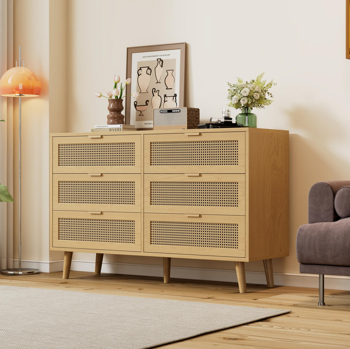 SIDEBOARD 120/40/76,5 cm in Walnuss mit 6 Schubladen und Rattan-Optik - Eichefarben, Holzwerkstoff (120/76.5/40cm) - Flora Grace
