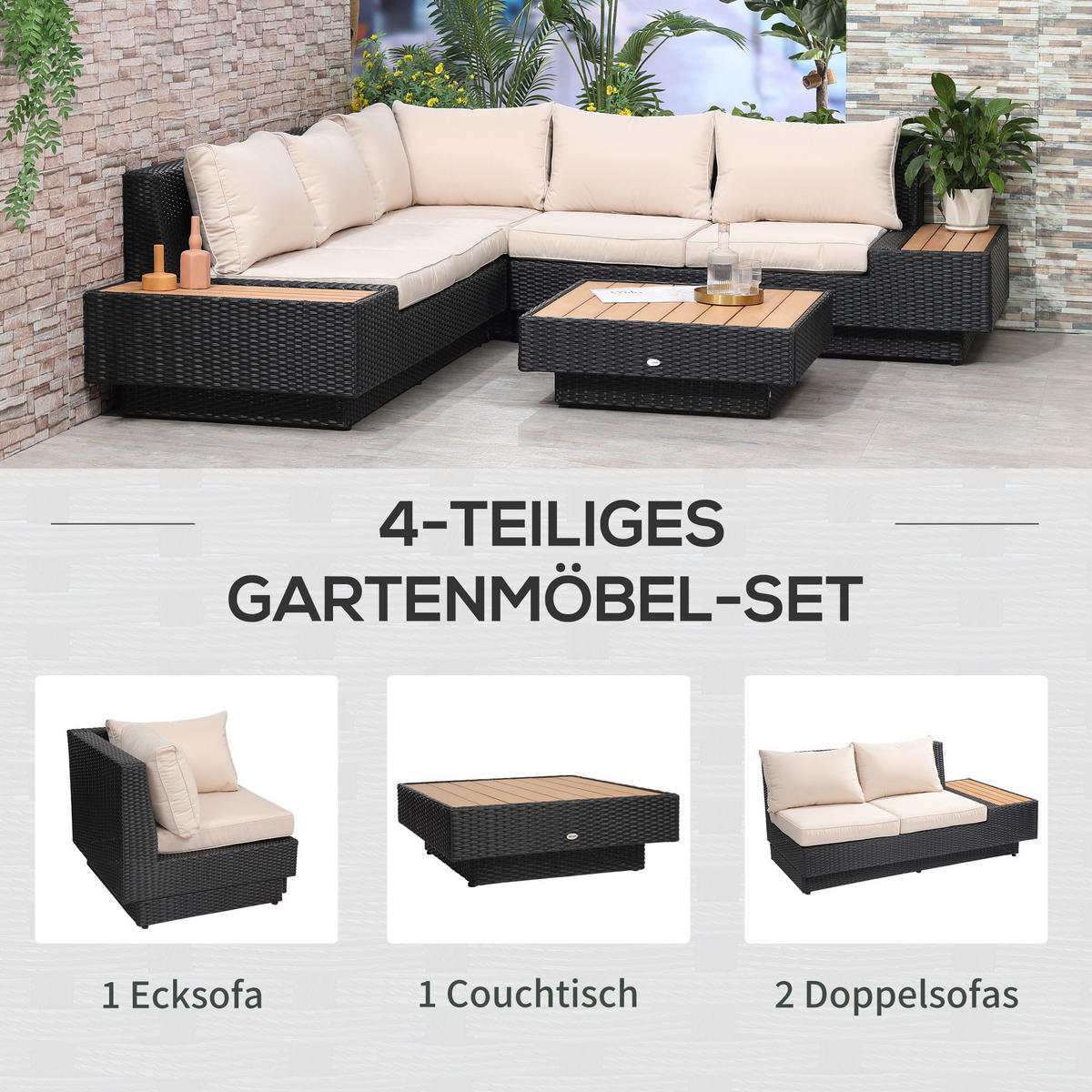 GARTENGARNITUR, 4-tlg. Luxus Polyrattan, Gartenmöbel Garten-Set, Schwarz - Schwarz, Metall - Outsunny