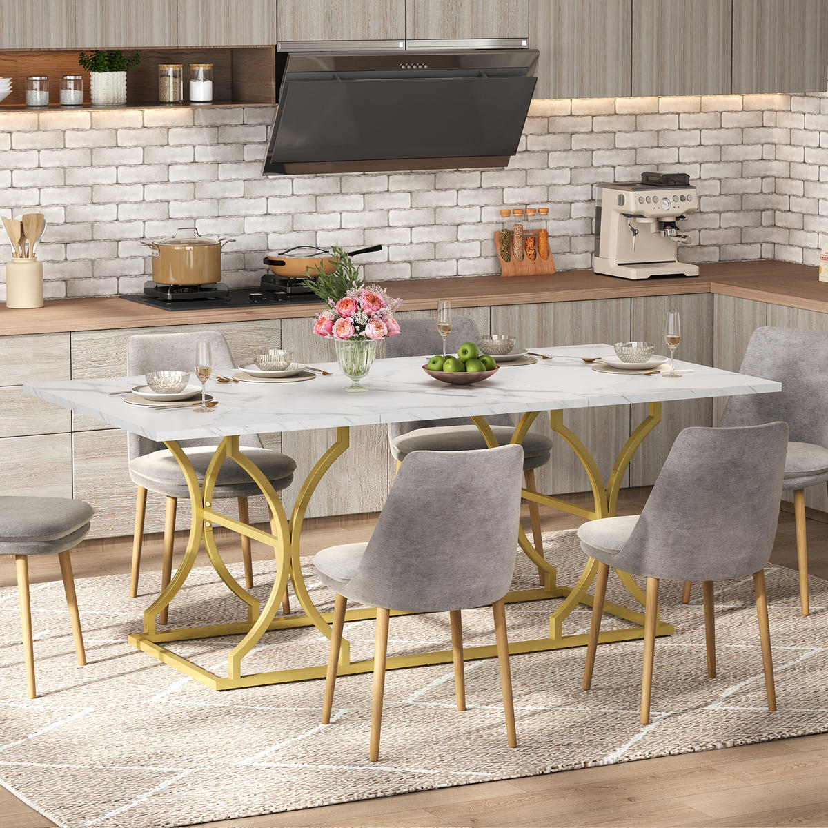 ESSTISCH in Weiß und Gold Küchentisch mit Tischplatte in Marmoroptik für 8–10 Personen, L200/B80/H76 cm - Goldfarben/Weiß, Holzwerkstoff/Metall (80/200/76cm) - STILVORA