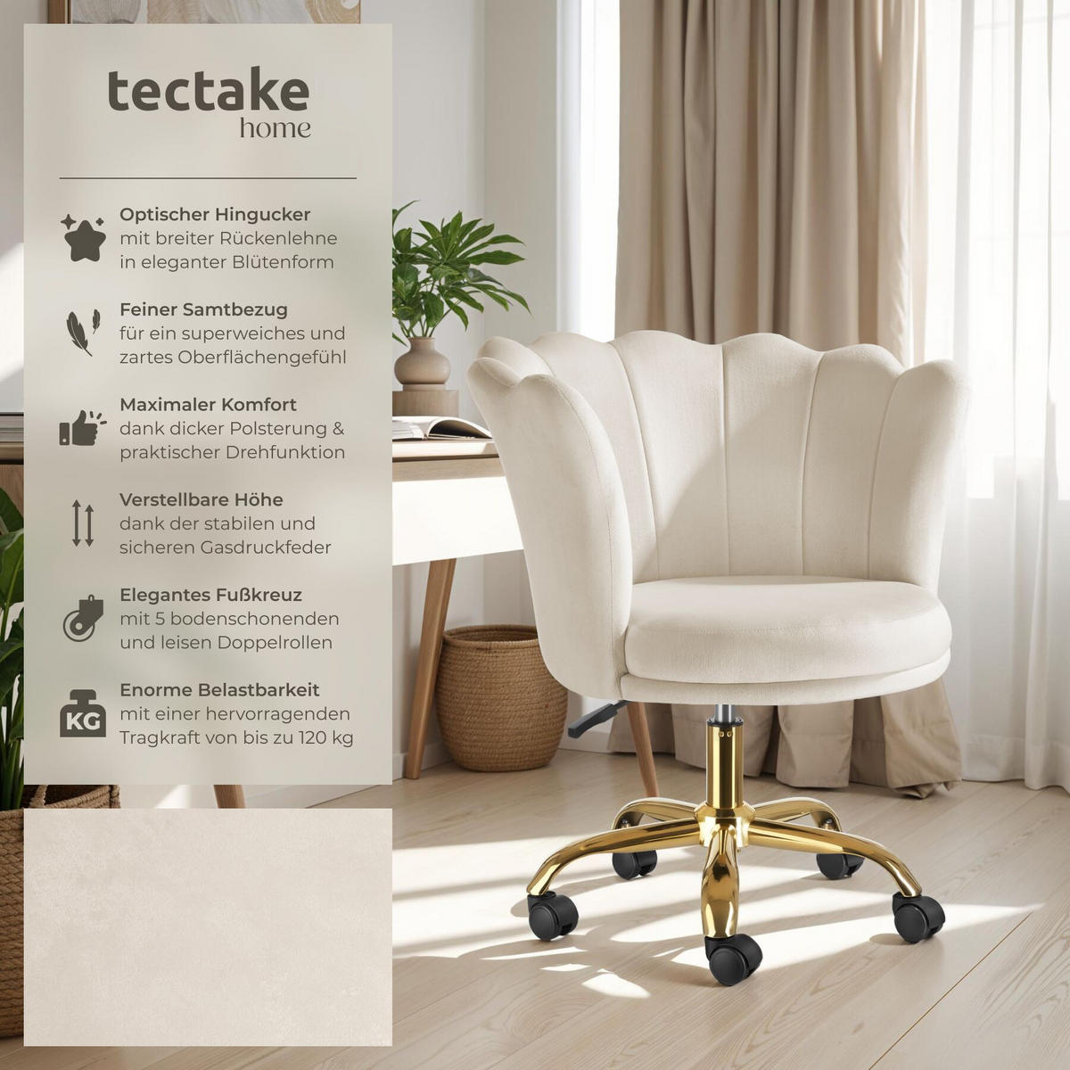 DREHSTUHL Stella,65 x 64 x 78 - 88 cm, Belastbarkeit 120 kg,creme/gold - Goldfarben/Creme, Kunststoff (64/88/65cm) - tectake