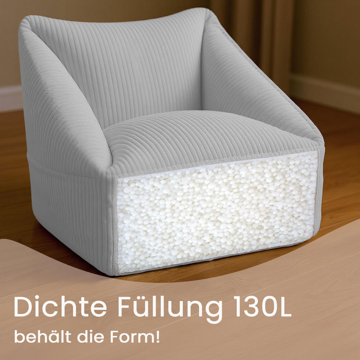 SITZSACK-SESSEL Bambino 55/60/55 cm, weicher Bouclé 315 g/m², mit Griff & Seitentasche, Hellgrau - Hellgrau, Textil (55/55/60cm) - Dreamroots