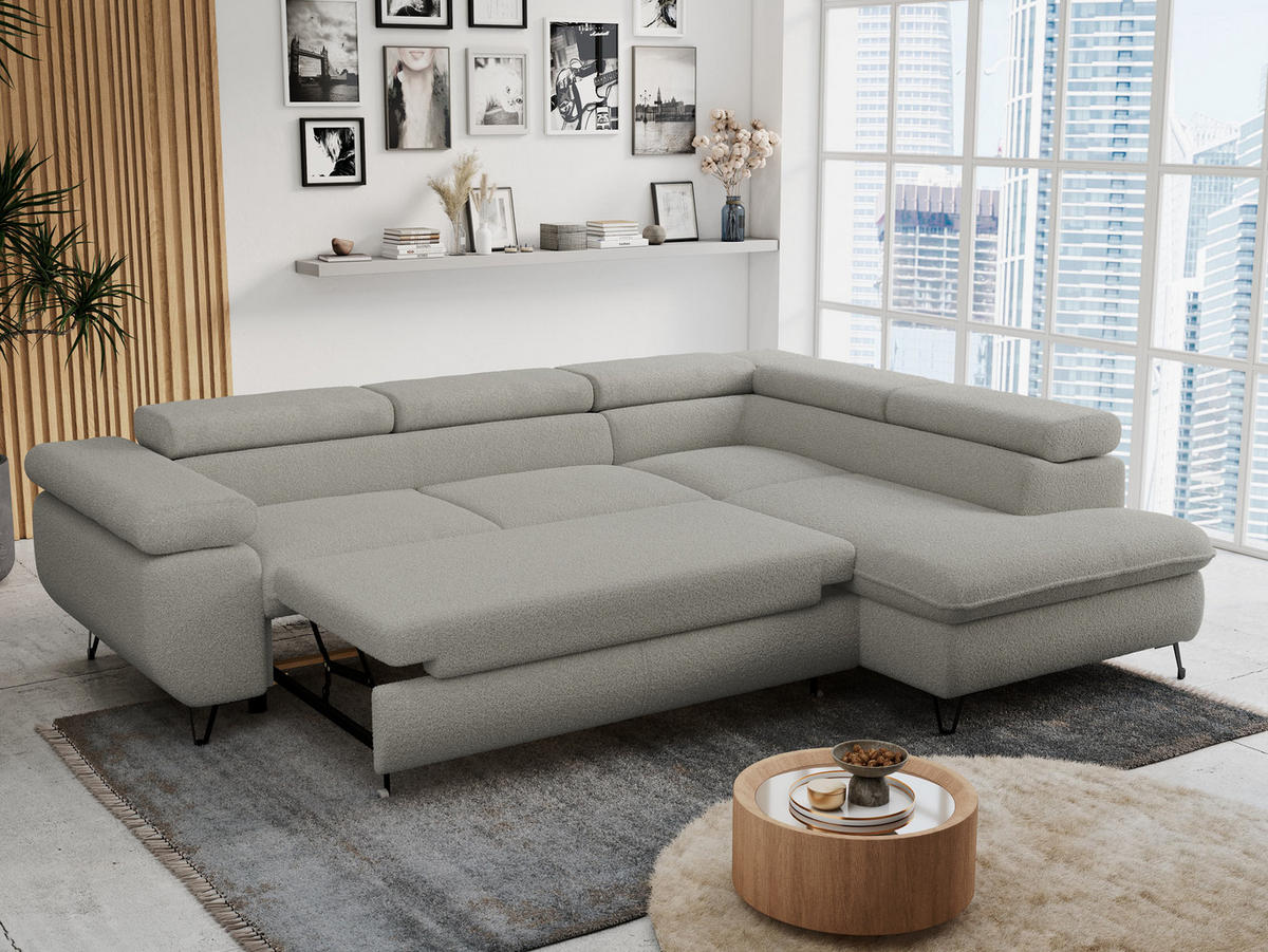 ECKSOFA PETER L Hellgrau Boucle - Rechts Seite - Hellgrau/Schwarz, Textil/Metall (273/208cm) - MKS