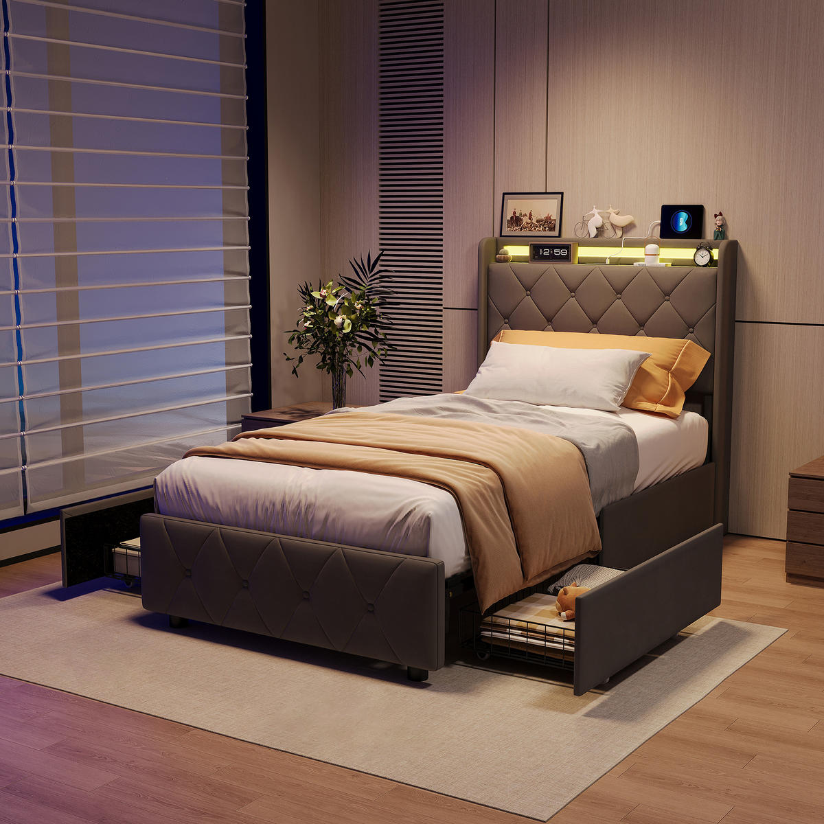 POLSTERBETT 90/200 cm Grau mit Schubladen und USB-Anschlüssen - Grau, Holz (90/200cm) - SHOPENTRA