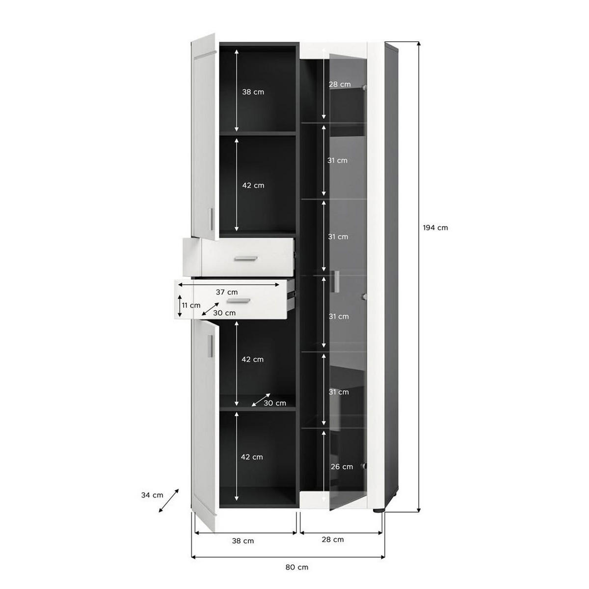 VITRINE Lago 34/80/194 cm - Weiß, Holzwerkstoff (80/194/34cm) - Xonox
