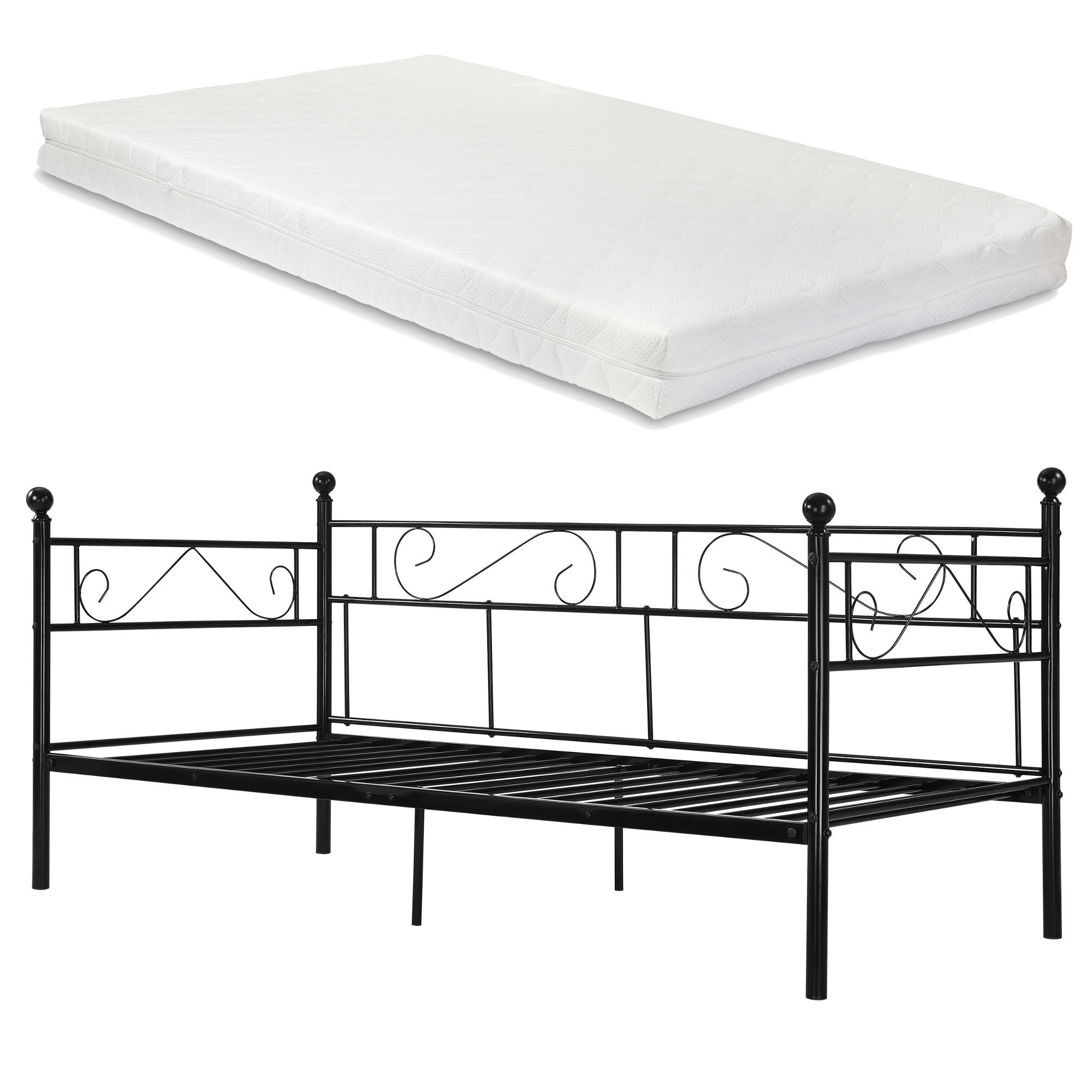 TAGESBETT Granada mit Matratze - Schwarz, Textil/Metall (90/200cm) - [en.casa]