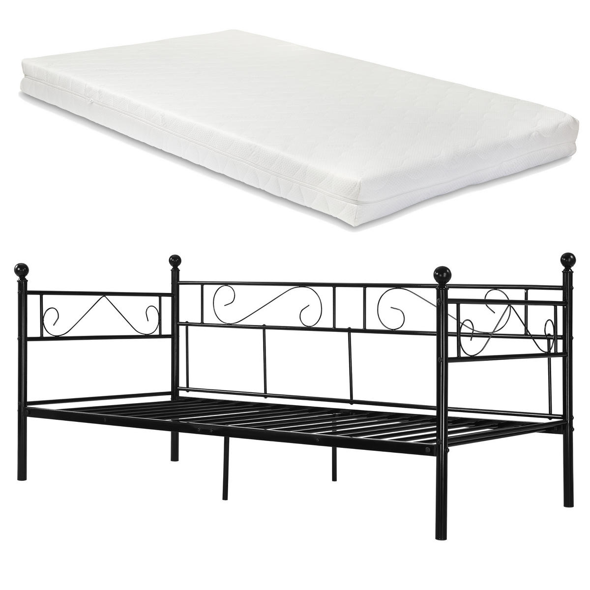 TAGESBETT Granada mit Matratze - Schwarz, Textil/Metall (90/200cm) - [en.casa]