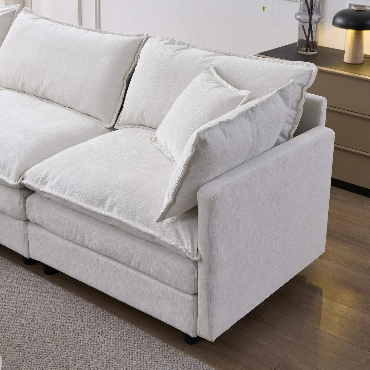 ECKSOFA aus Chenille 267x78x85 cm in Beige mit Hocker - Beige, Textil (78/85/267cm) - Modfu