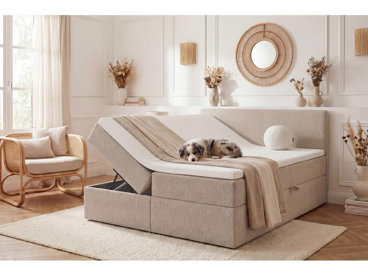 BOXBETT 160x200 cm, QUELLE, Bettkästen mit seitlicher Öffnung, Bouclé-Stoff, Beige - Beige, Holz/Kunststoff (160/200cm) - Trada
