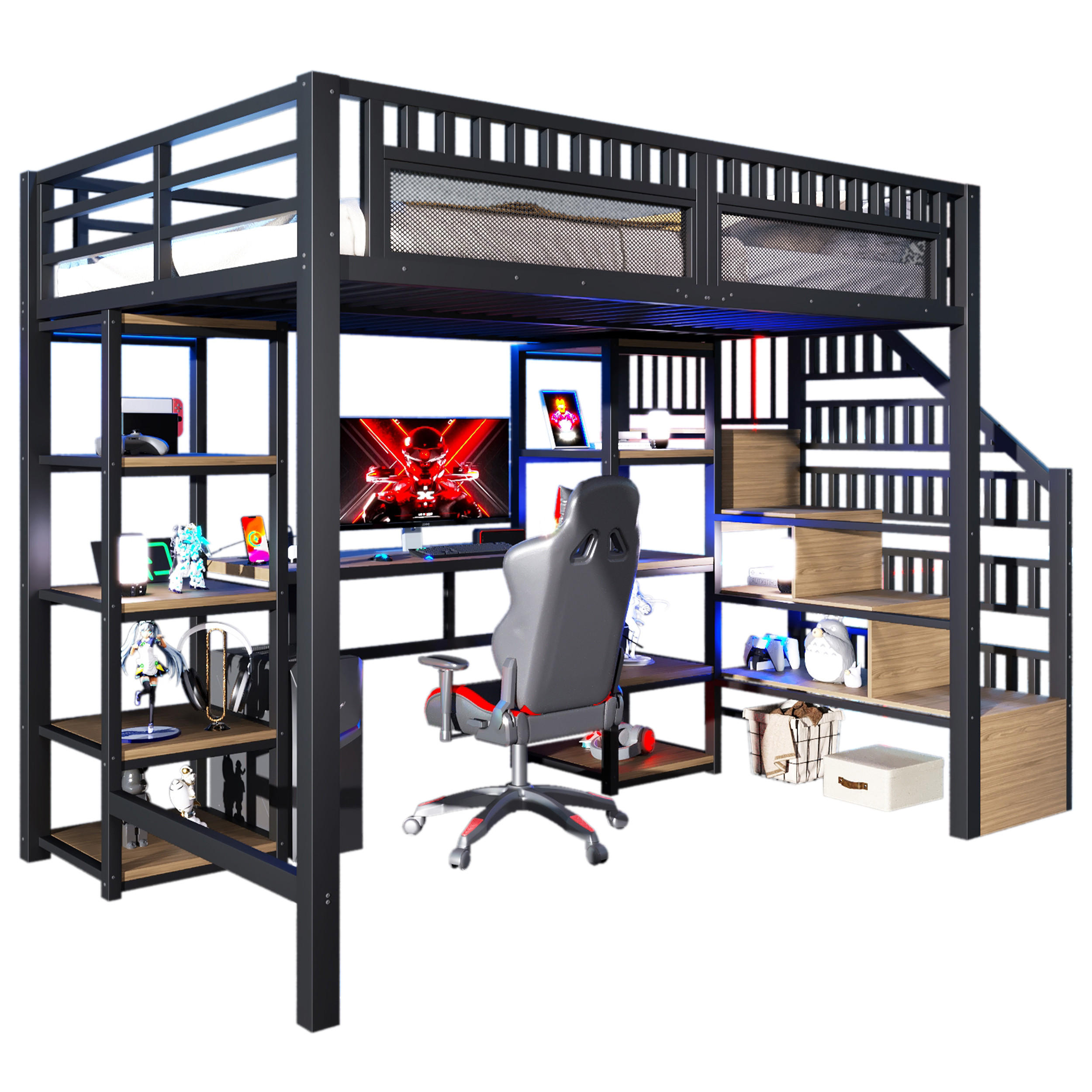 HOCHBETT 140x200cm Schwarz Mit Schreibtisch USB & LED - Schwarz, Metall - FLIEKS