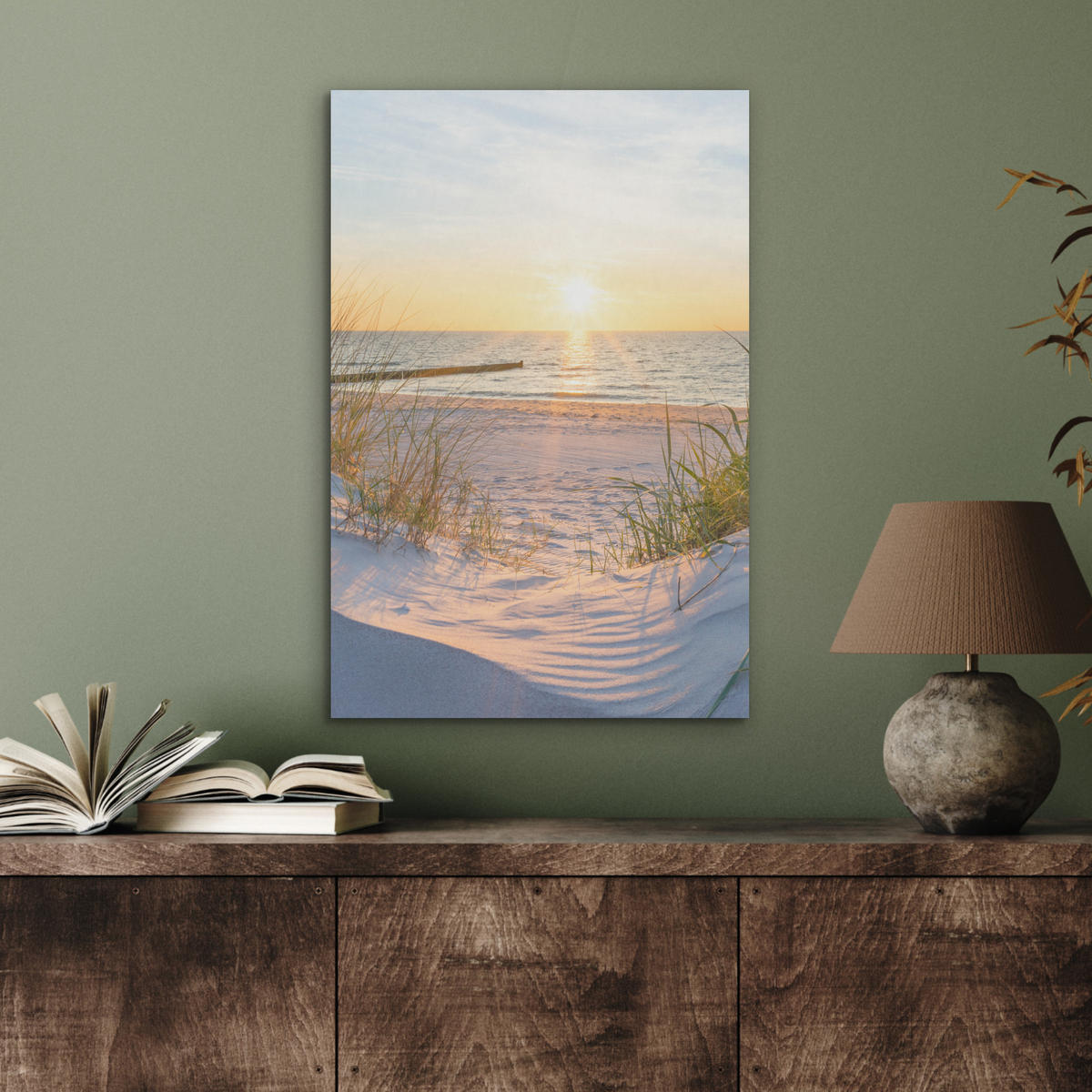 AKUSTIKBILD Strand - Sonne - Düne - Gras - Sand - Horizont Kunstdruck Schlafzimmer 50x70 cm - Hellblau, Kunststoff (50/70/0.9cm) - MuchoWow
