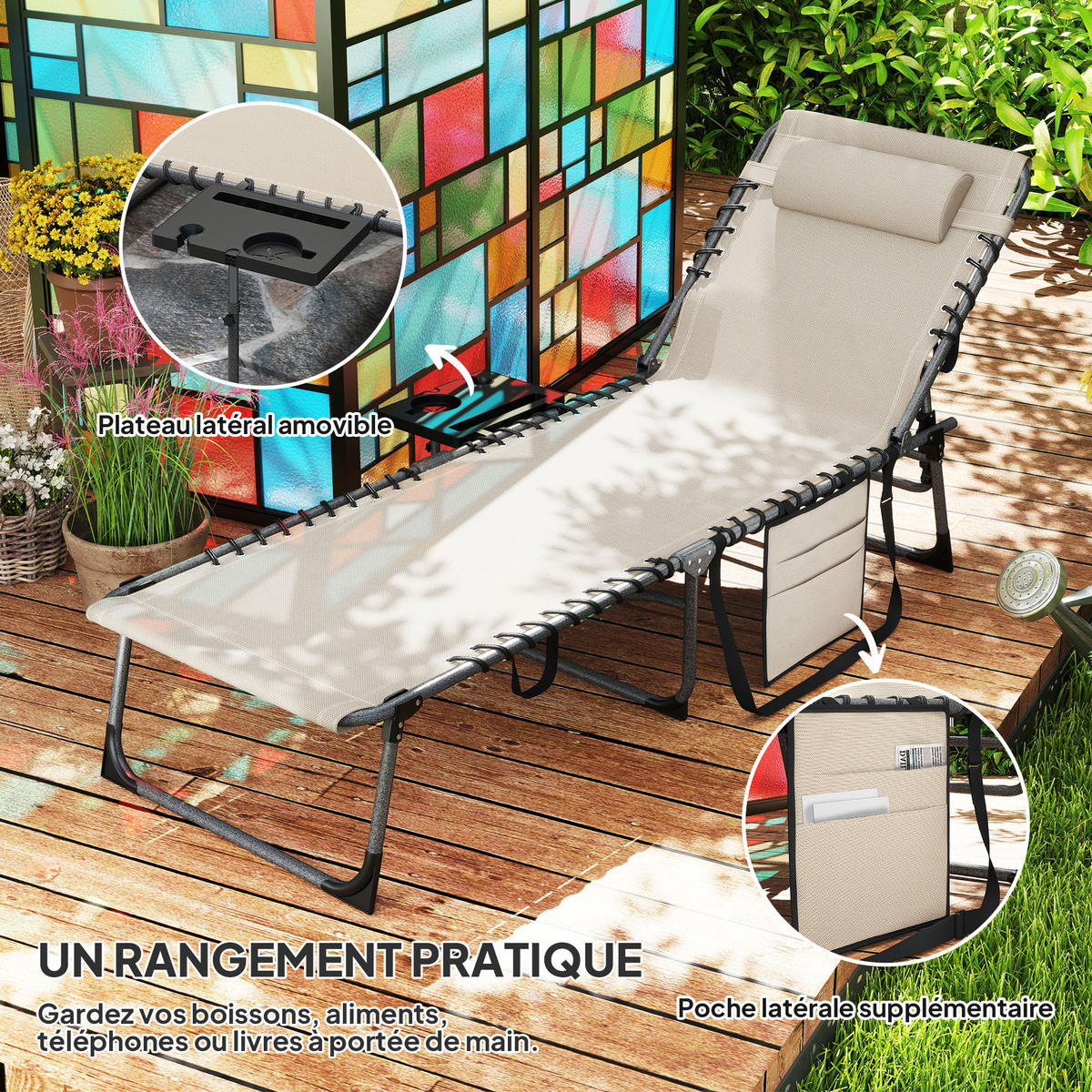 SONNENLIEGE DE-15680 5-fach verstellbar mit Tablett, 190 cm Creme - Creme, Metall (60/31/190cm) - ComfortXL