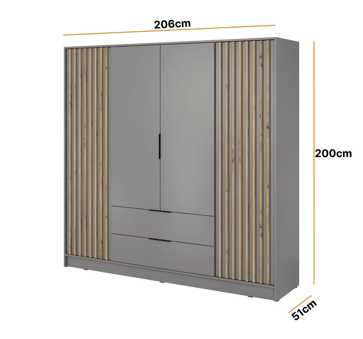 KLEIDERSCHRANK Stilo in Grau, viertürig, mit Schubladen und Lamellen an der Vorderseite - Schwarz/Eiche Artisan, Holzwerkstoff/Kunststoff (206/200/51cm) - Ravio