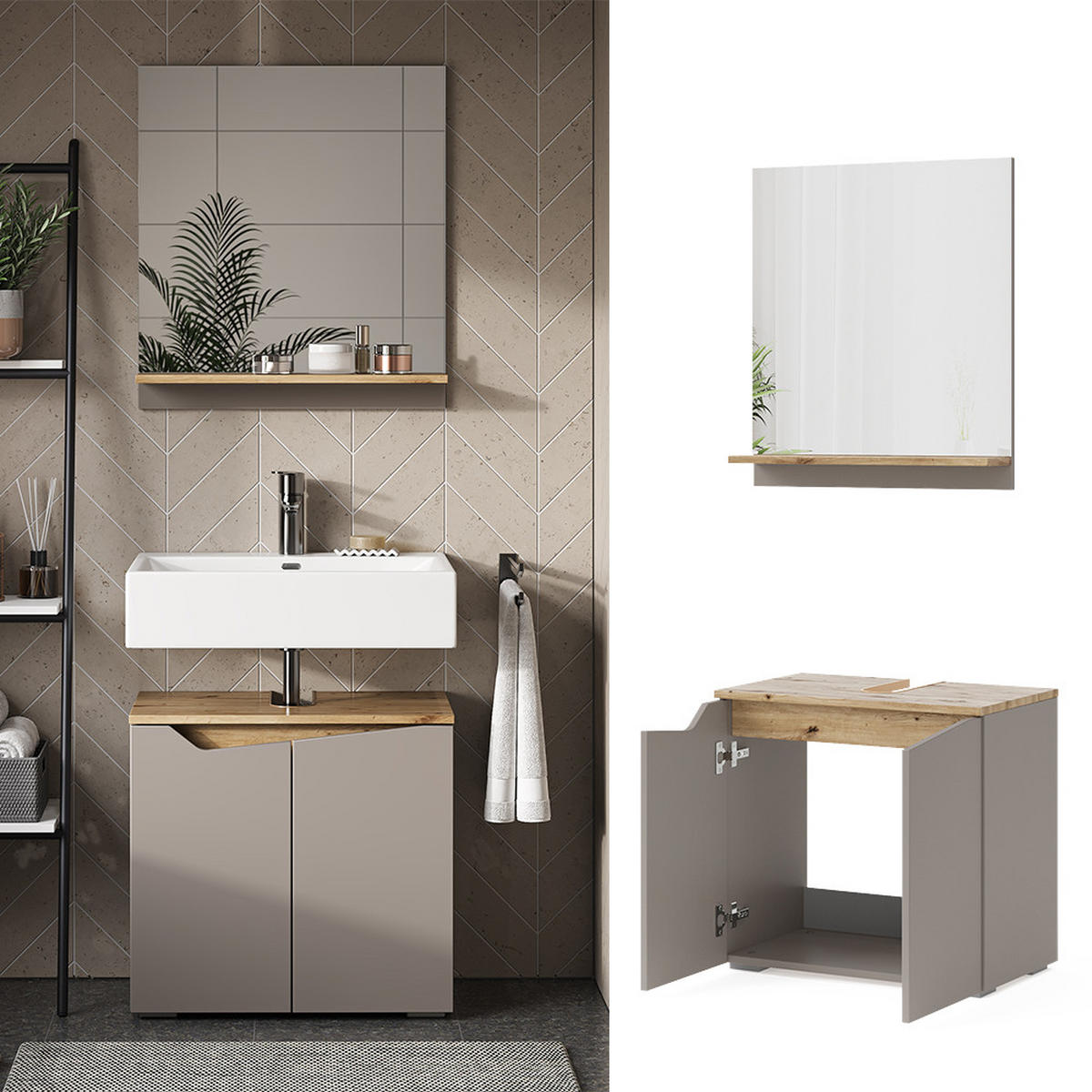 BADMÖBEL-SET Marelle Greige 2 Teile - Greige, Holzwerkstoff (60/57/35cm) - Vicco