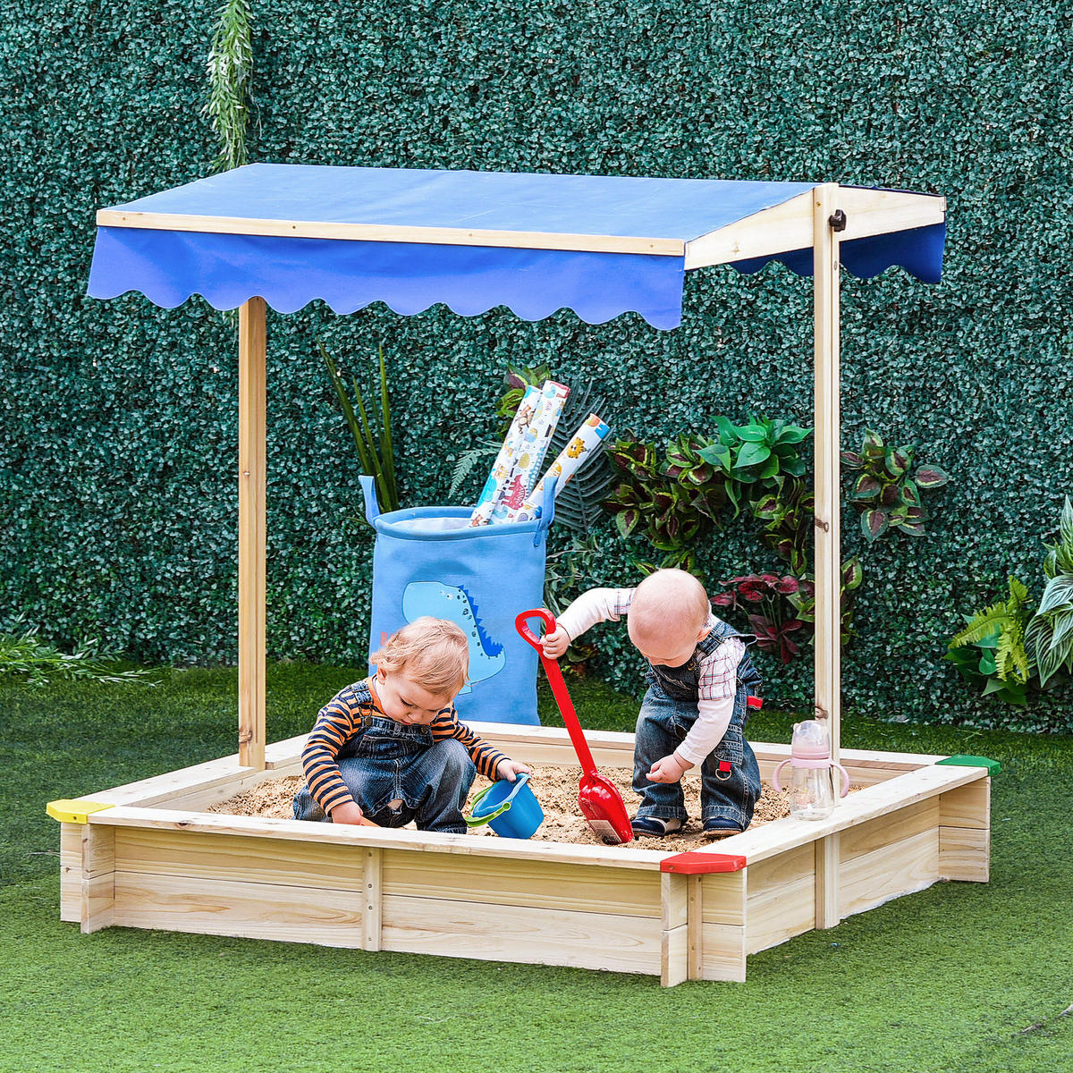 SANDKASTEN DE-18743 quadratisch mit verstellbarem Dach Naturholz - Blau, Holzwerkstoff (120/120/120cm) - ComfortXL