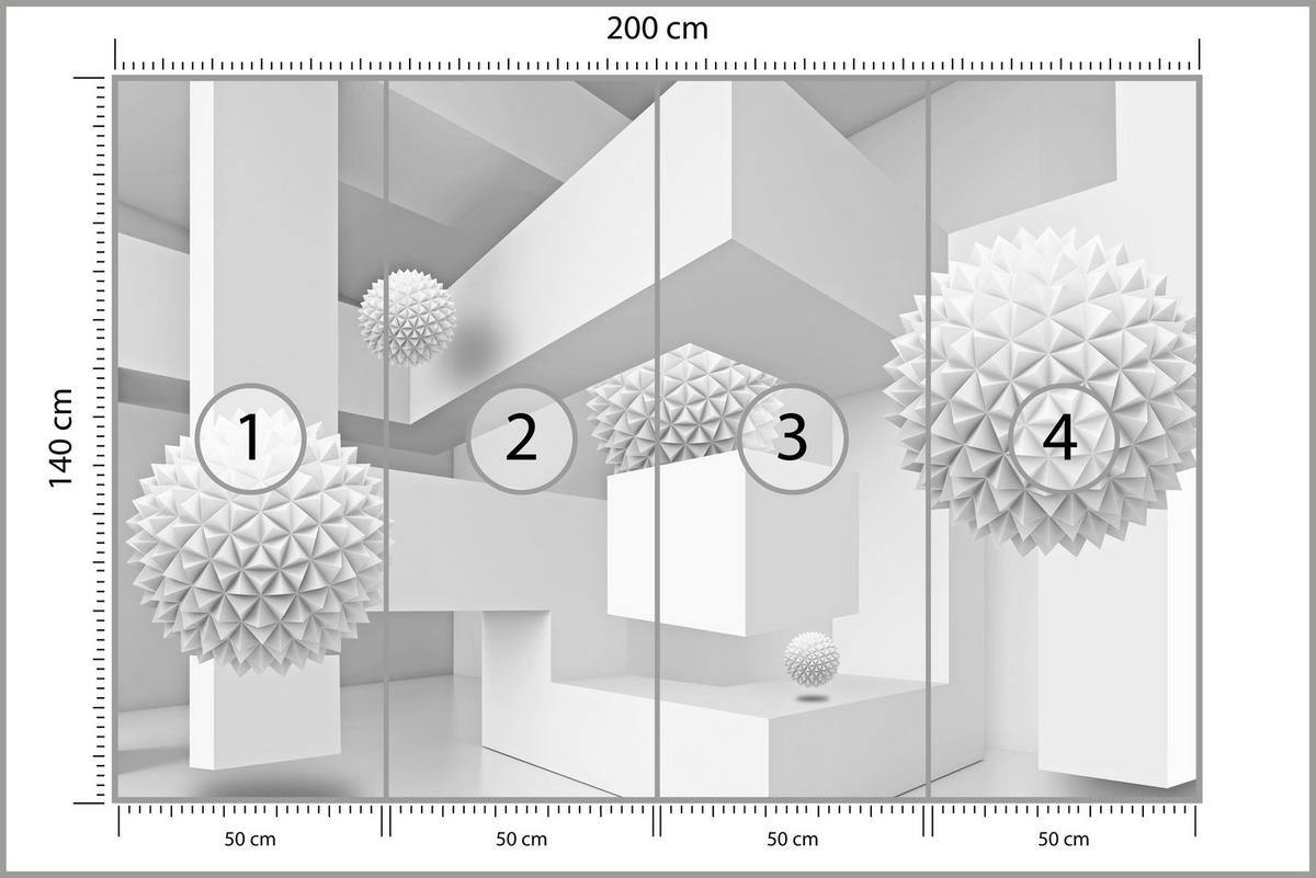 FOTOTAPETA Pre Obývaciu Izbu Abstraktné Gule Geometria Ilúzia 200 x 140 cm - sivá/biela, papier (200/140cm) - Muralo
