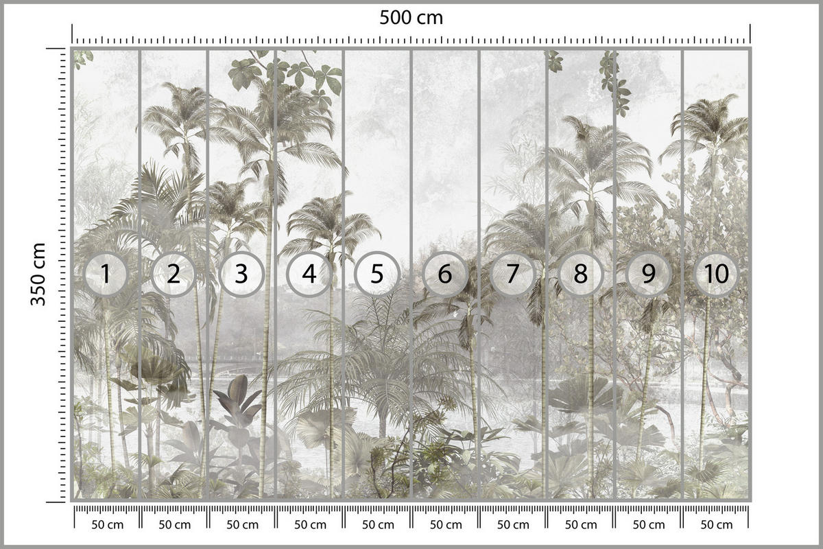 FOTOTAPETE für Wohnzimmer Tropische Bäume Fluss Grau Palmen 500x350 - Beige/Grau, Papier (500/350cm) - Muralo