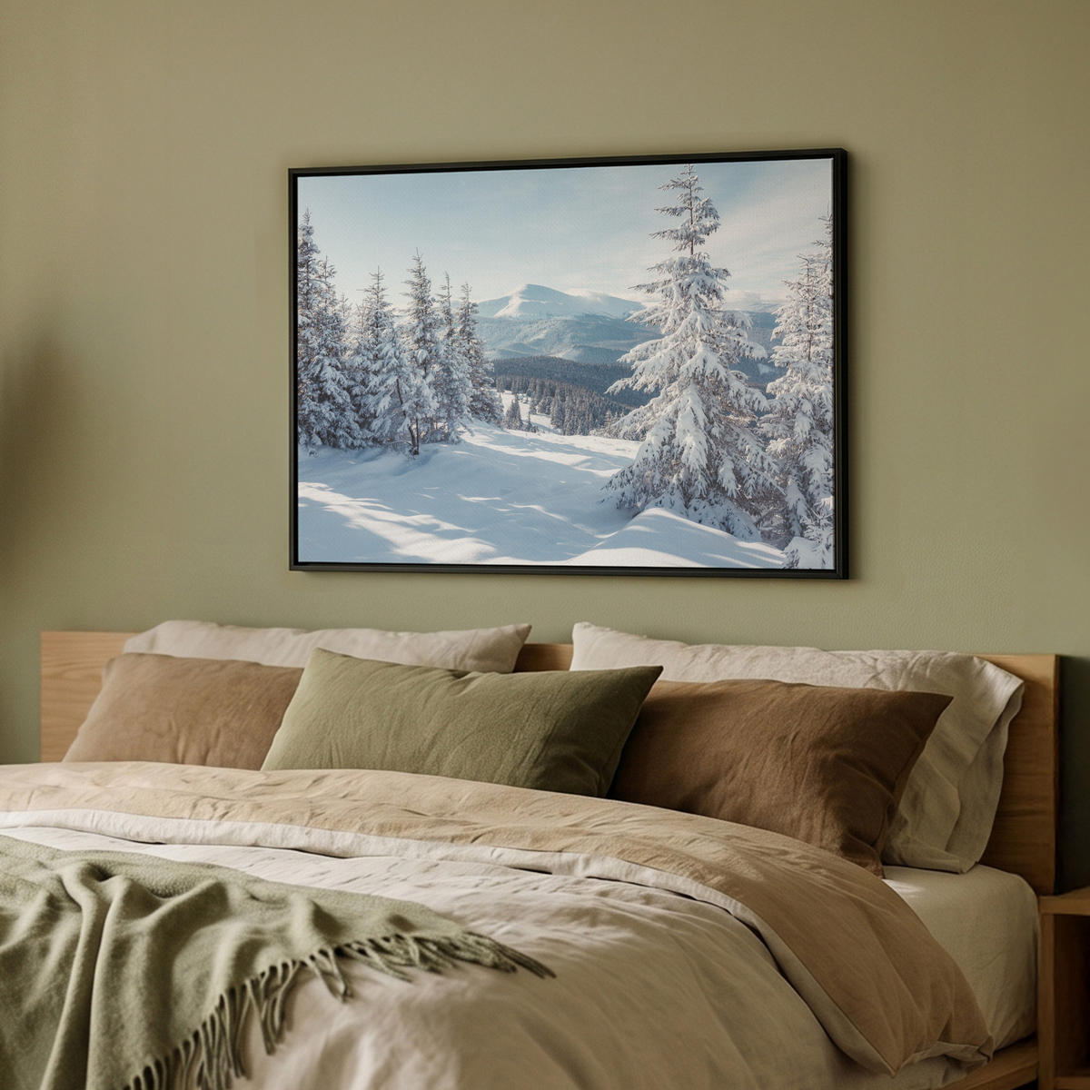 LEINWAND Bilder mit Rahmen - Winterlandschaft - Natur - Berge - Bäume - Schnee - 70x50 - Hellblau, Textil (70/50cm) - MuchoWow