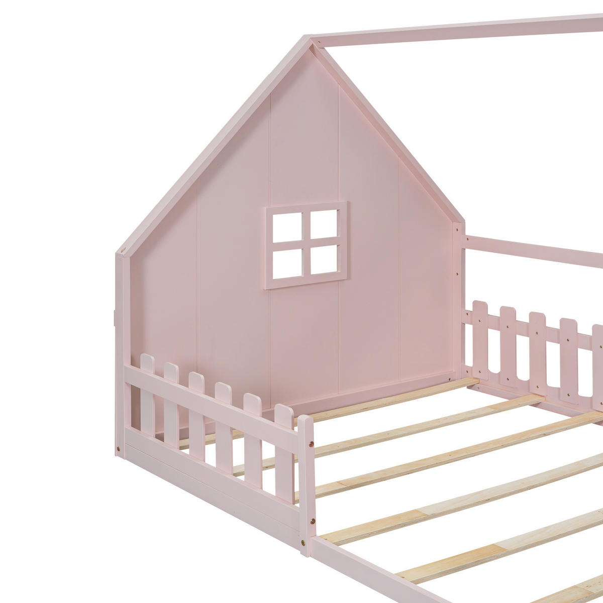 HAUSBETT aus Kiefer und MDF 140x200 cm Rosa mit Hausrahmen und Sicherheitsgeländer - Rosa, Holzwerkstoff (140/200cm) - Modfu