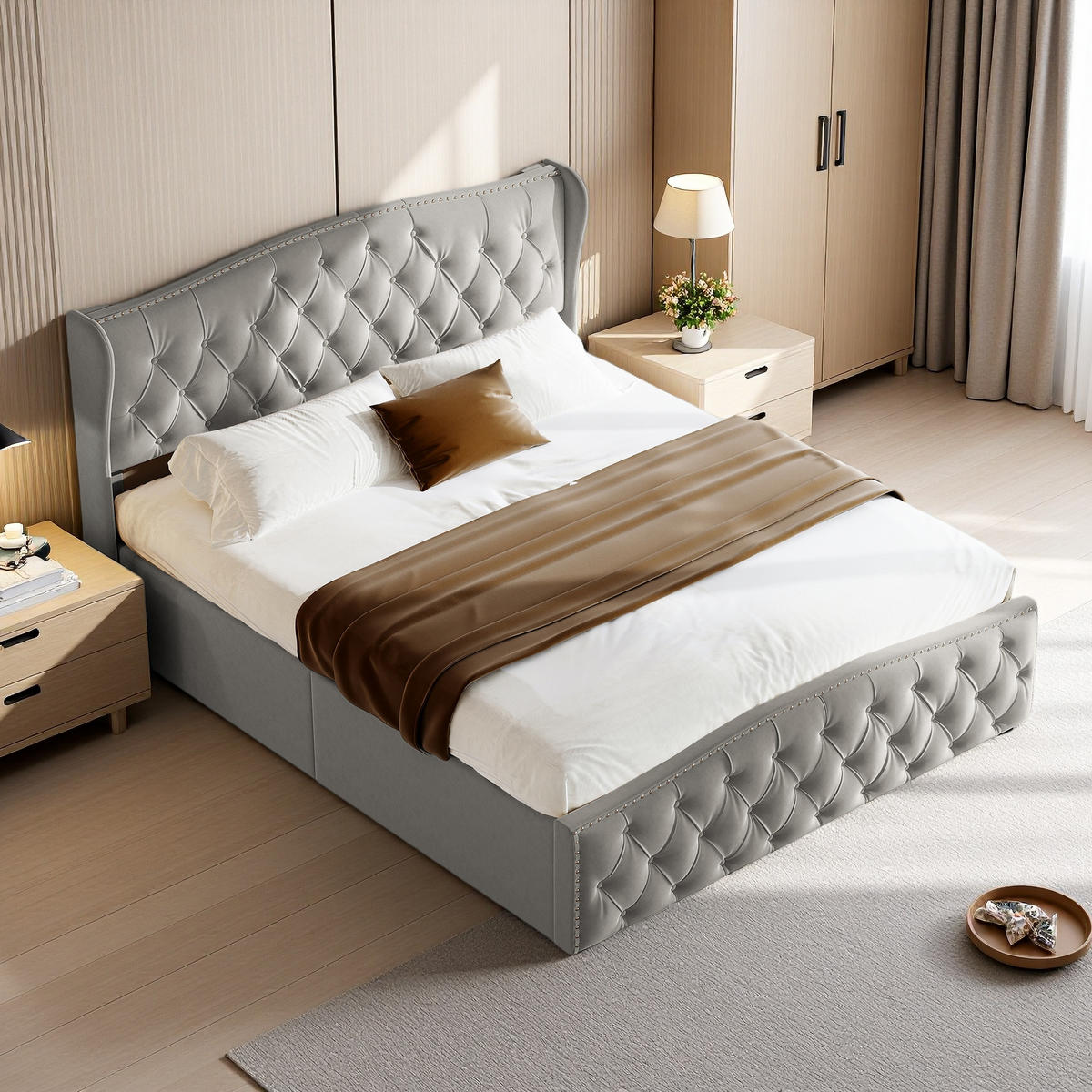 POLSTERBETT 160x200 cm Stauraum Kopfteil Lattenrost Samt grau - Grau, Holz (160/200cm) - LEBENLANG