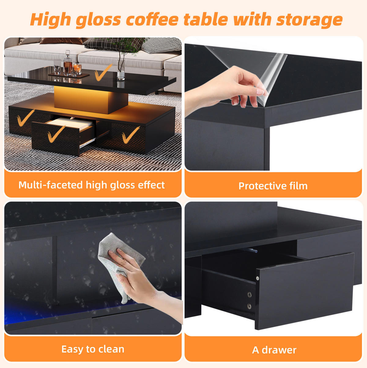 COUCHTISCH 100/50/39 cm schwarz aus Spanplatte mit LED-Licht und Stauraum - Schwarz, Holzwerkstoff (100/50/39cm) - OKMYHOME