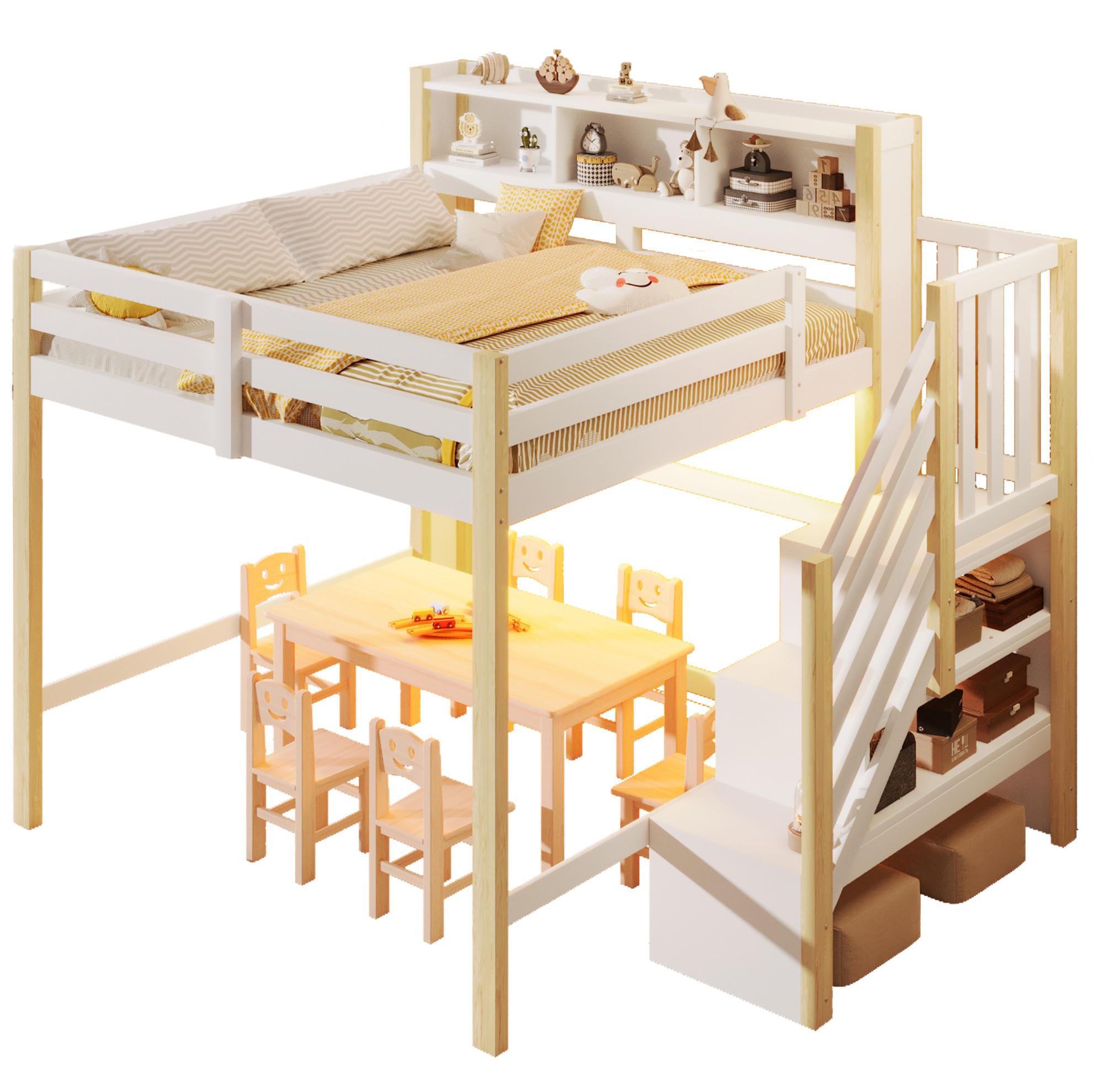 HOCHBETT 140/200 cm in Weiß/Natur mit LED-Beleuchtung und Stauraumtreppe - Weiß, Holz (140/200cm) - Flora Grace