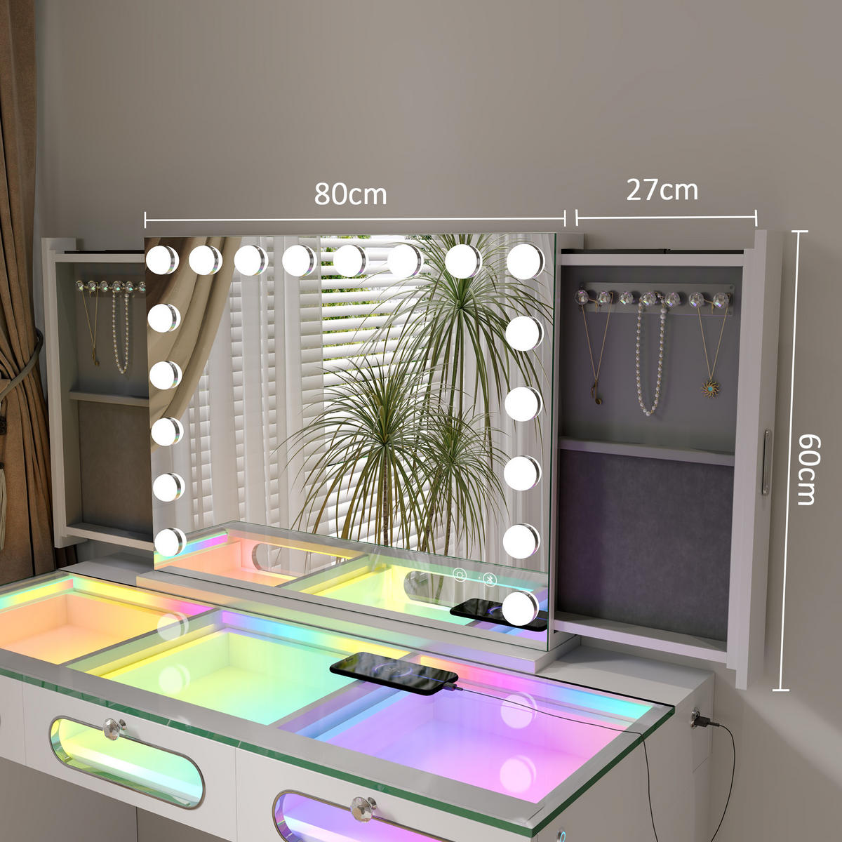SCHMINKSPIEGEL mit LED-Beleuchtung integrierter Schmuckbox und Bluetooth weiß 80/60 cm - Weiß, Metall (80/60/10cm) - VANITII