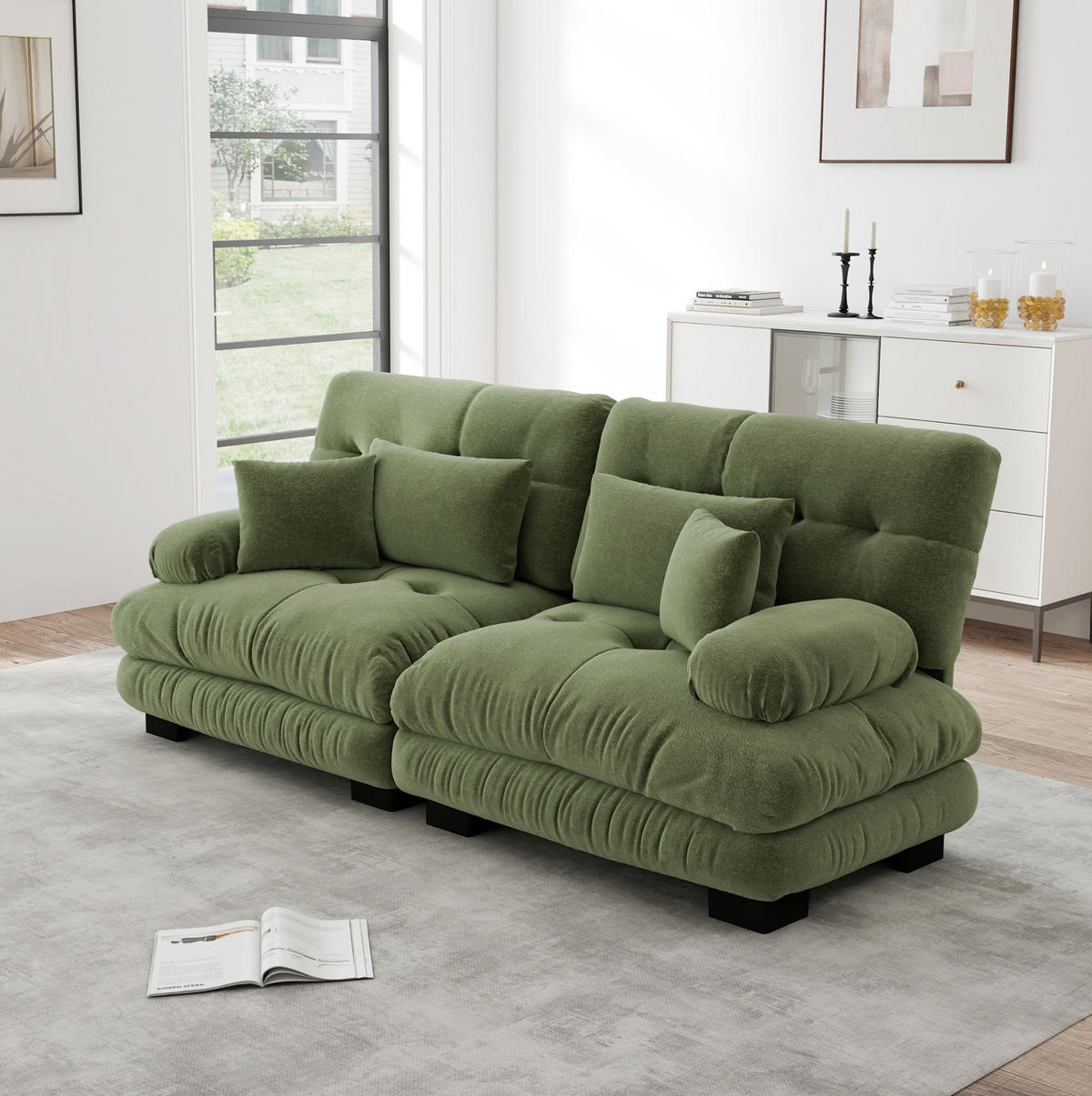 SOFA modular Chenille Green mit 2 Lendenkissen und 2 Dekokissen - Grün, Kunststoff (77/81/220cm) - Meubliv