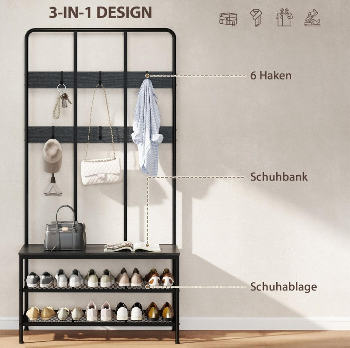 GARDEROBE Schwarz aus Metall mit Sitzbank - Schwarz, Metall (36/180/91cm) - OKMYHOME