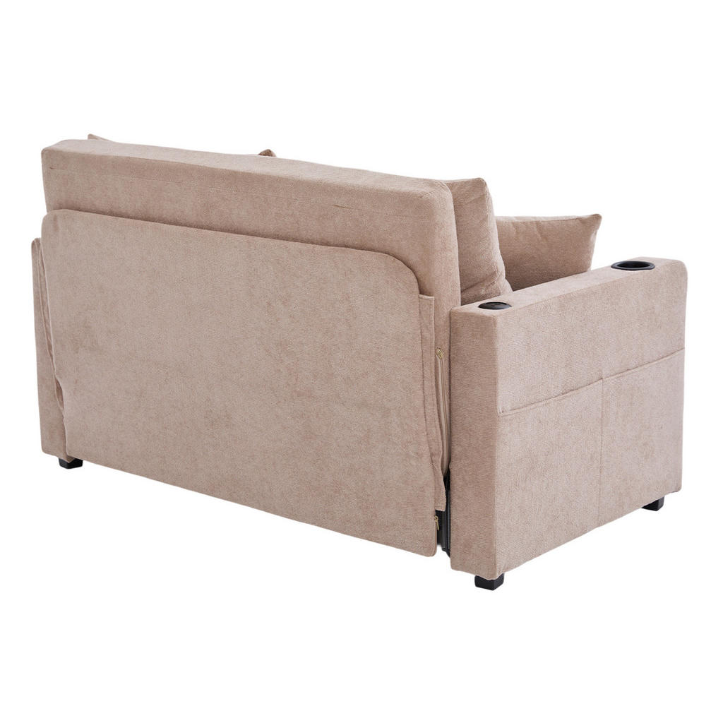 Modfu ROZKLÁDACÍ pohovka z chenillu 139x83x58 cm khaki s funkcí lůžka a úložnými kapsami
