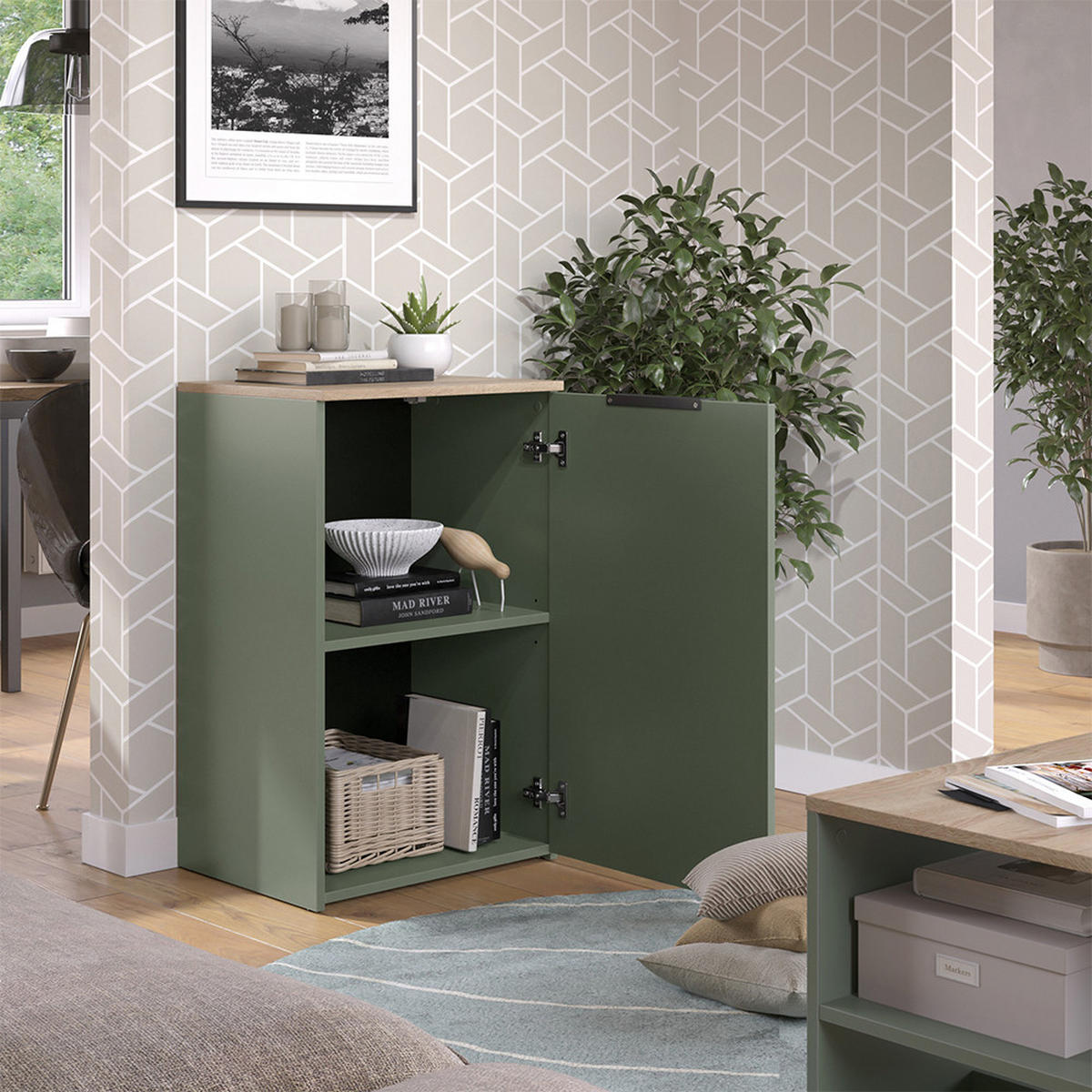 KOMMODE Wido Grün 50 x 80 cm mit Regal - Grün/Sonoma Eiche, Holzwerkstoff (50/80/40cm) - Vicco