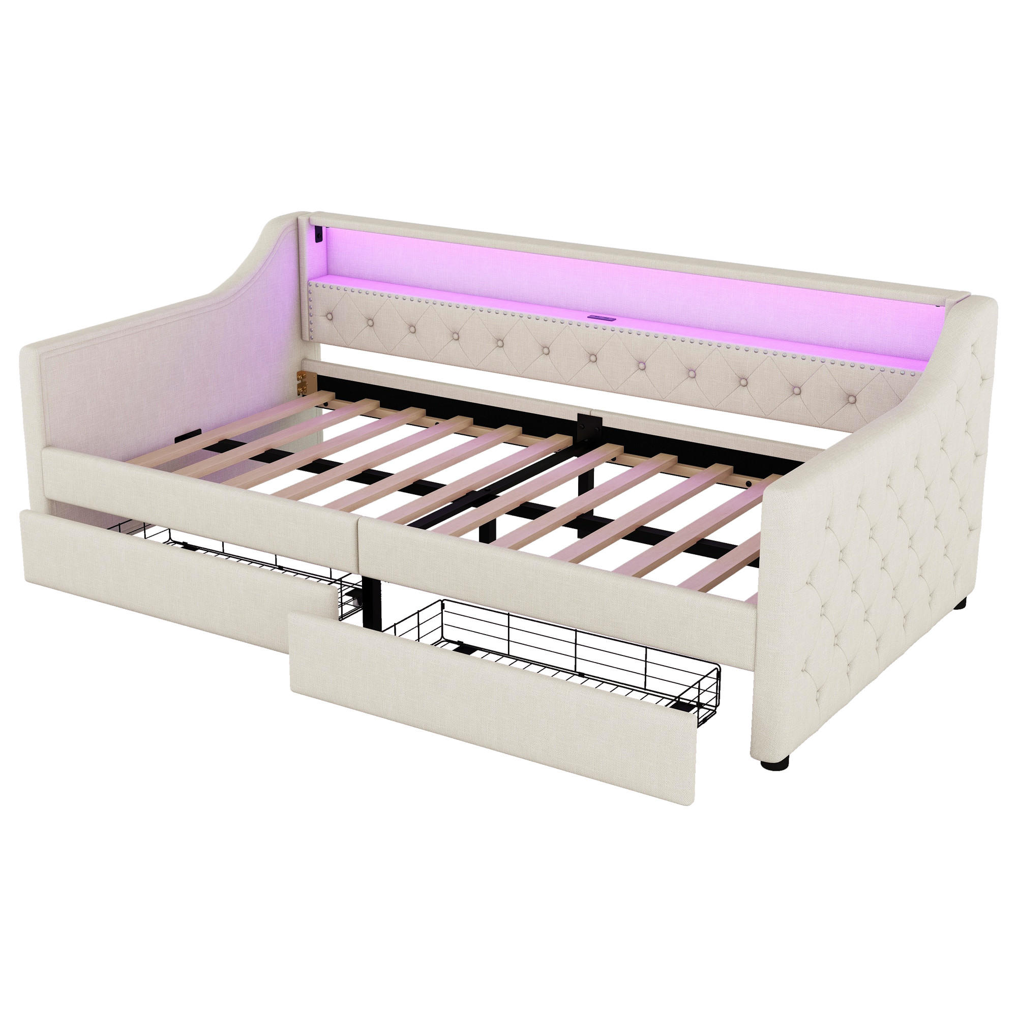 TAGESBETT 90/200 cm DE-04861, mit LED und 2 Schubladen in Beige - Beige, Holzwerkstoff (90/200cm) - ComfortXL