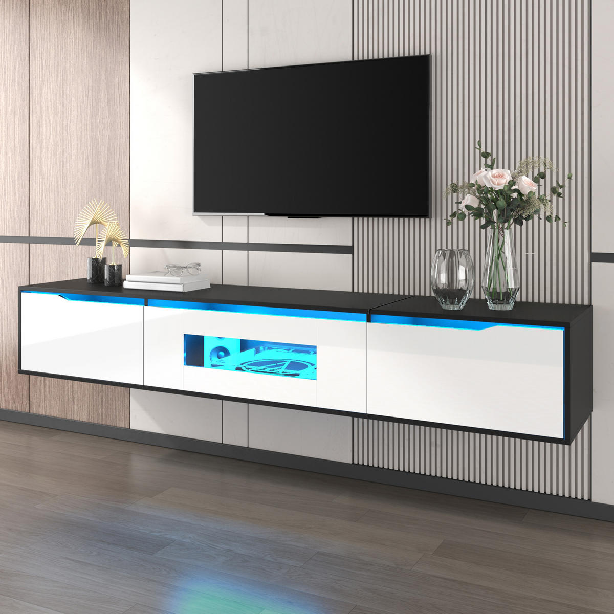 TV LOWBOARD 180cm Hochglanz Schwarz Weiß LED USB Farbwechsel modern - Schwarz, Holzwerkstoff (35/30/180cm) - FLIEKS