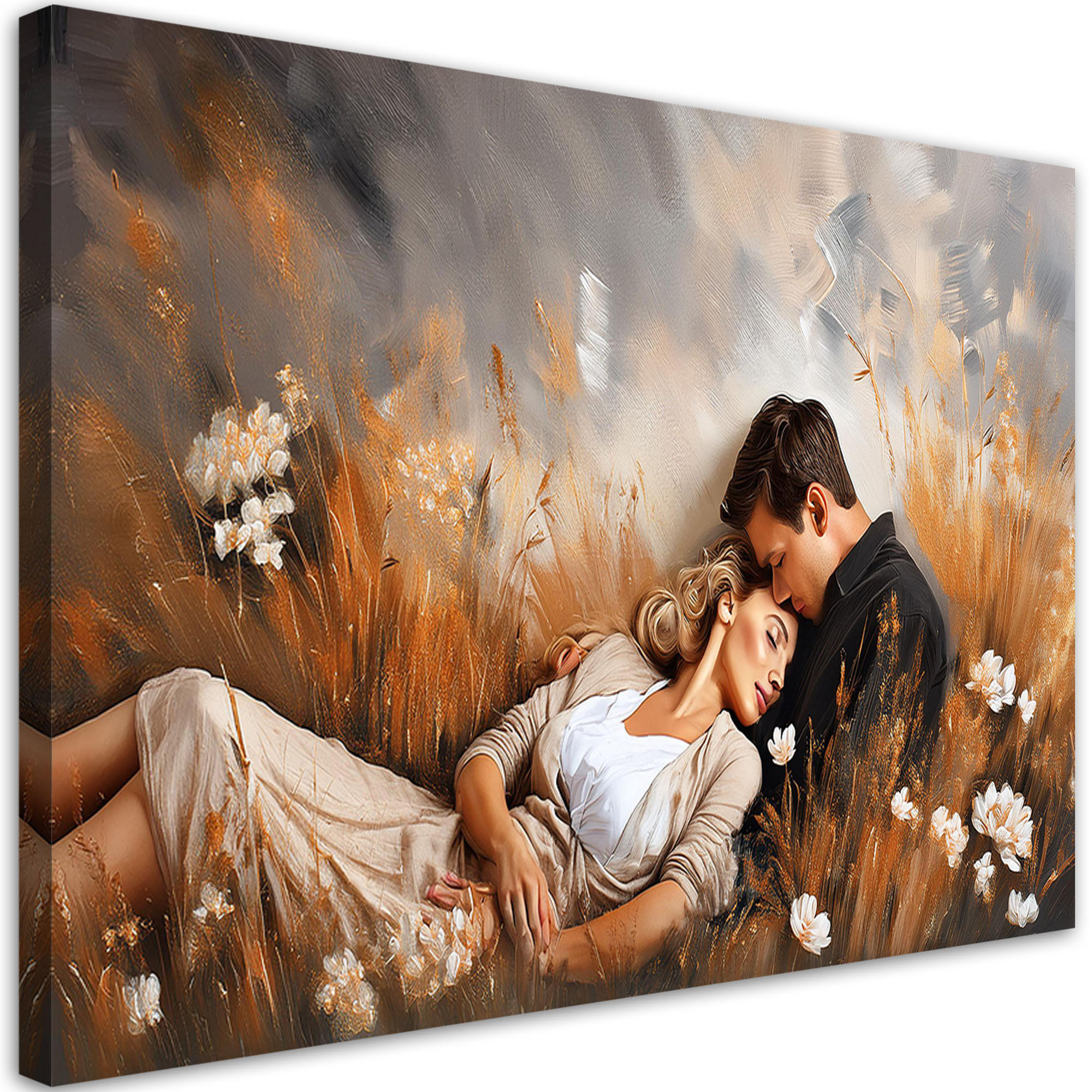 WANDBILD ein verliebtes paar liegt auf einer wiese - Beige, Textil (60/40cm) - Feeby