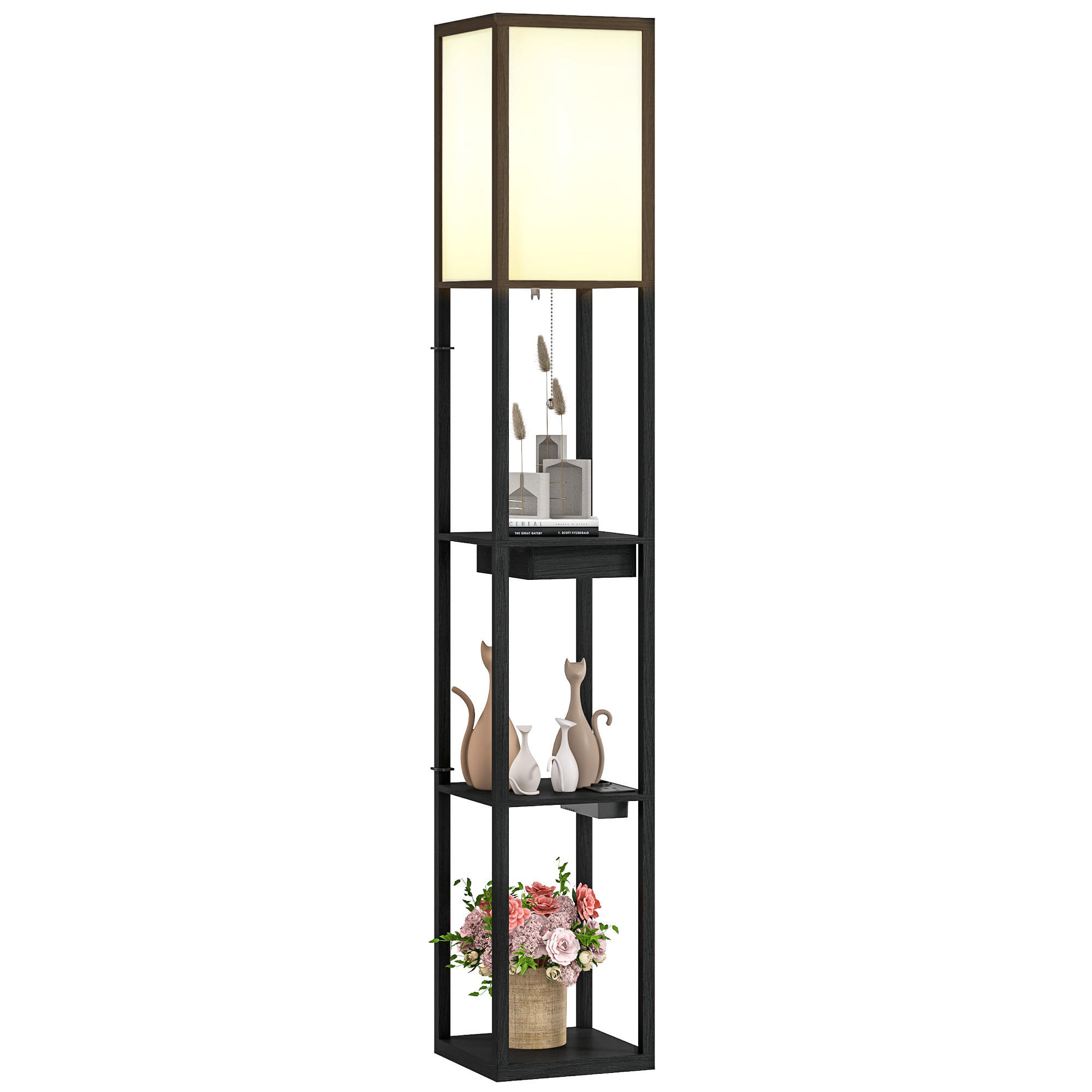 STEHLAMPE, Stehleuchte mit 3 Fächern, Weiß+Schwarz, exkl. Glühbirne - Schwarz, Holzwerkstoff (26/26/159cm) - HOMCOM