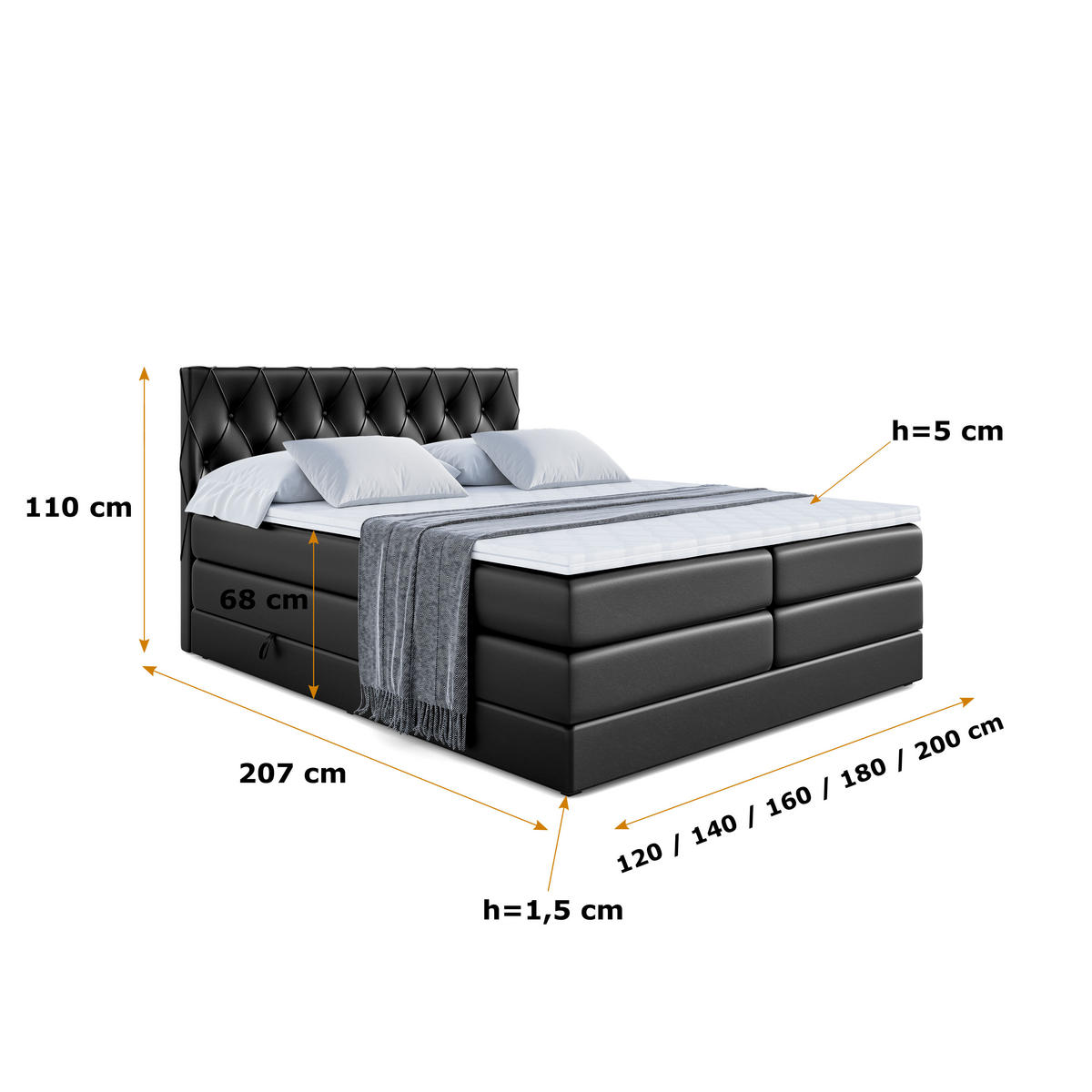 BOXSPRINGBETT AMAY-BZ KING - 120 x 200 - H3/H4 - Schwarz Hochglanz - Schwarz Hochglanz, Holzwerkstoff (120/200cm) - ALTDECOR